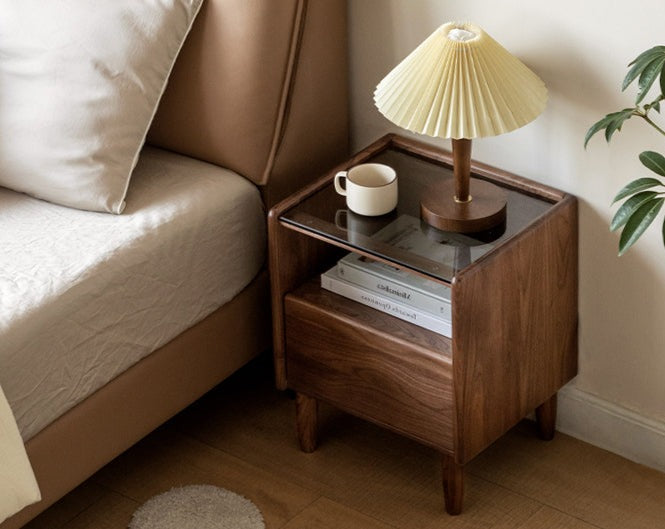 Premium Black Walnut Solid Wood Nightstand with Tempered Glass Top - Modern Bedside Table for Bedroom, Living Room, or Office Use