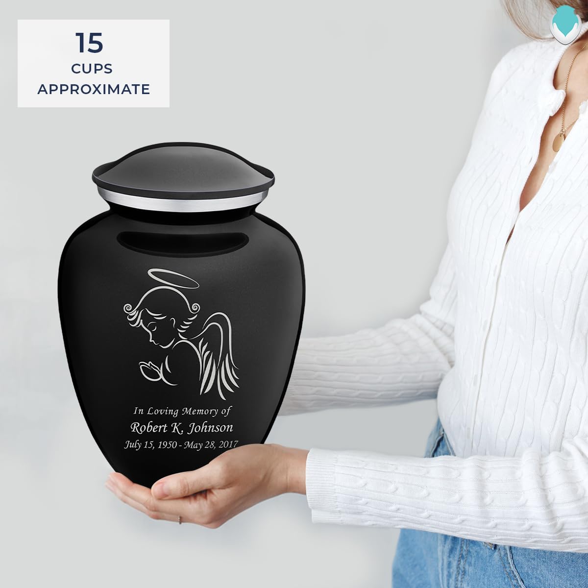 Personalized Angel Cremation Urn for Human Ashes - Large Black Funeral Urn for Adults with Double Side Engraving (Holds 200 lbs) | Memorial Keepsake for Loved Ones | Perfect for Home Display, Funeral Services & Memorial Ceremonies