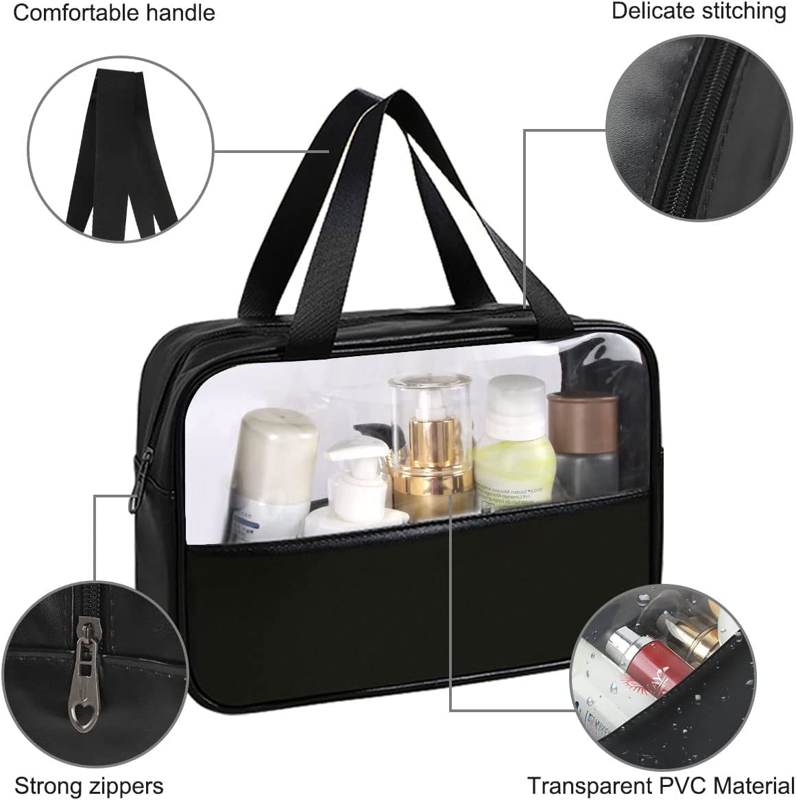 Trendegic Clear PVC Travel Cosmetic Bag - Waterproof Toiletry & Makeup Organizer Pouch for Women & Girls (Black, 1 Pack) - Perfect for Airplane Carry-On, Gym Essentials & Vacation Packing