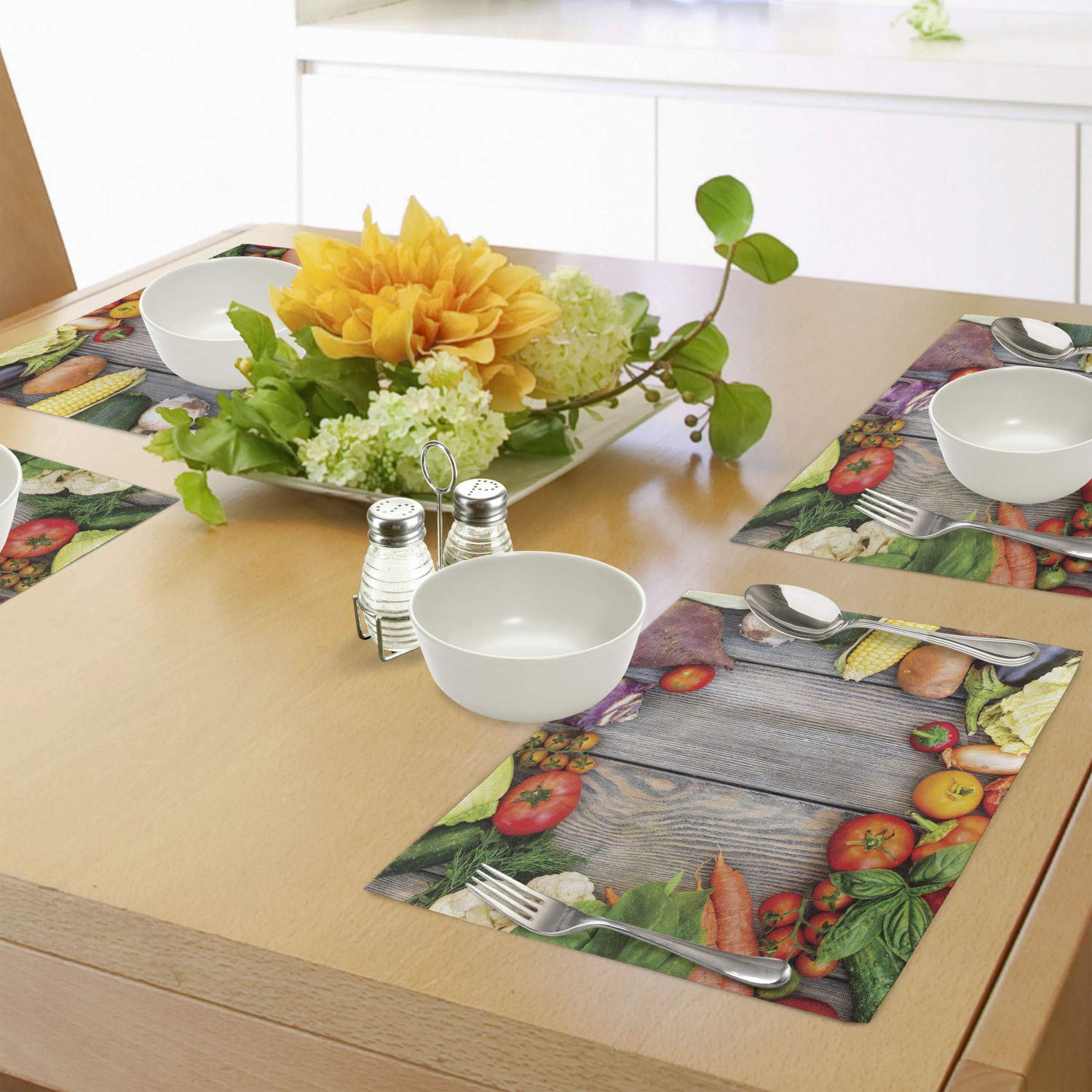 Lunarable Washable Fabric Placemats Set of 4 - Vegetable Theme (Carrot, Corn, Cucumber, Cabbage) for Dining Table, Standard Size, Red & Yellow - Perfect for Kitchen, Restaurant, and Home Decor
