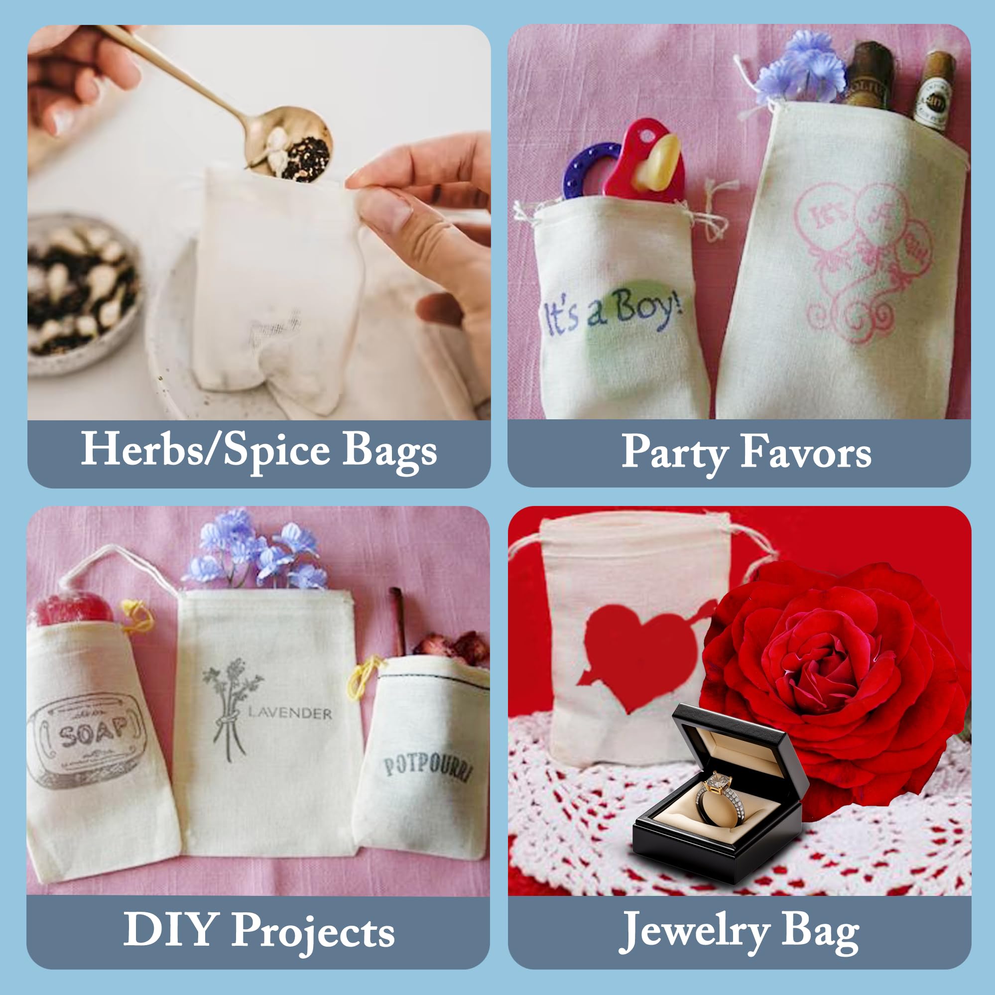 100% Cotton Muslin Drawstring Bags 100pcs 5x8 Inch - Natural Hem & Drawstring for Party Favors, Wedding Gifts, Spice Storage & DIY Crafts | Made in USA | Eco-Friendly Reusable Fabric Pouches