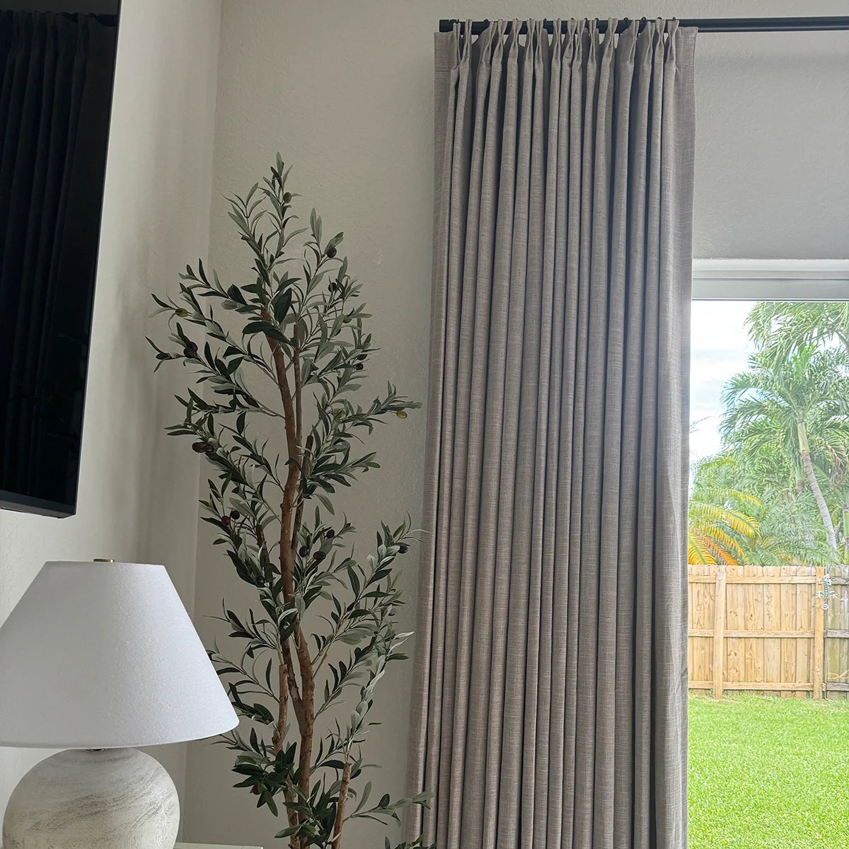 Pinch Pleated Blackout Curtains - Linen Memory Fabric, Natural Oak & Dim Grey - Modern Custom Drapes for Living Room & Bedroom - Light Blocking & Noise Reducing Window Treatments