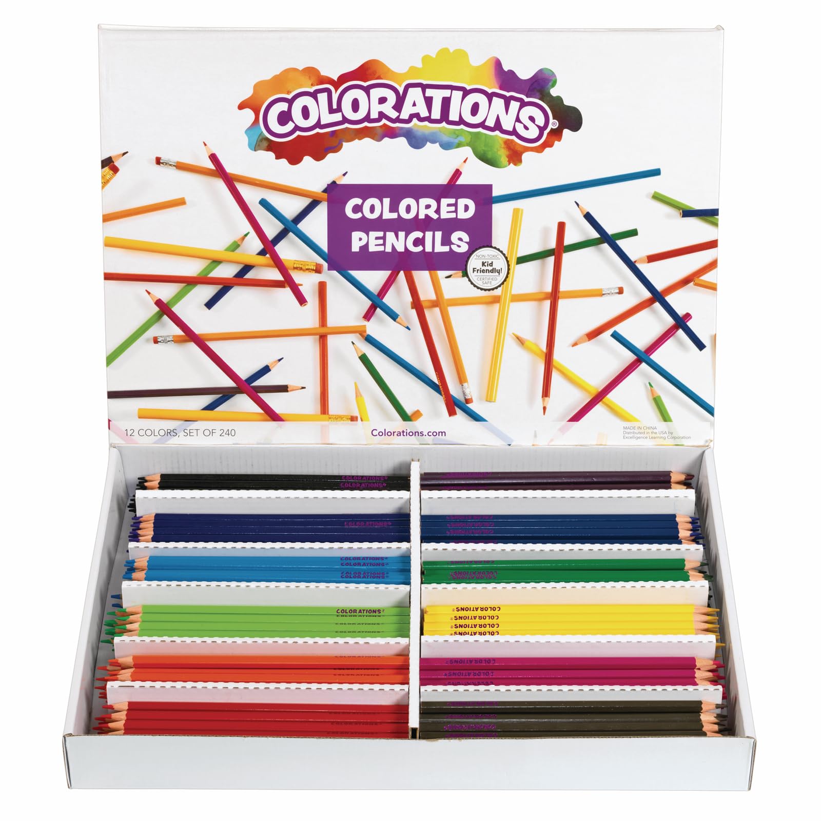 Colorations 240-Piece Pre-Sharpened Colored Pencils Set - 12 Vibrant Colors, Thick Hexagonal Core, Sustainably Sourced Wood - Perfect for Classroom Art Projects, Adult Coloring Books & Professional Drawing