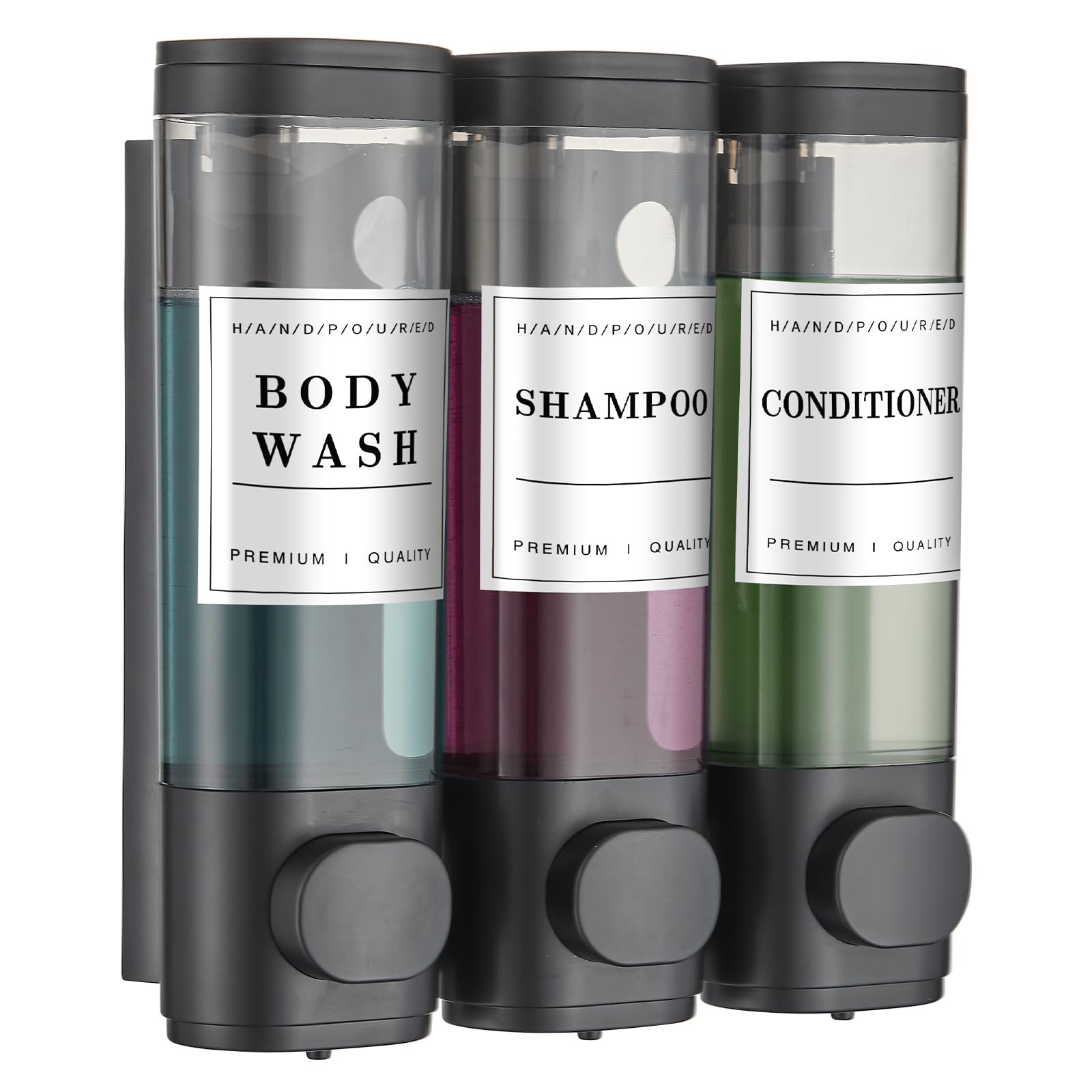 Wall Mounted No Drill Shower Soap Dispenser - 3 Pack 300ml Black Labeled Bottles for Shampoo & Conditioner | Bathroom & Hotel Use | Space Saving Shower Organizer for Families & Guests