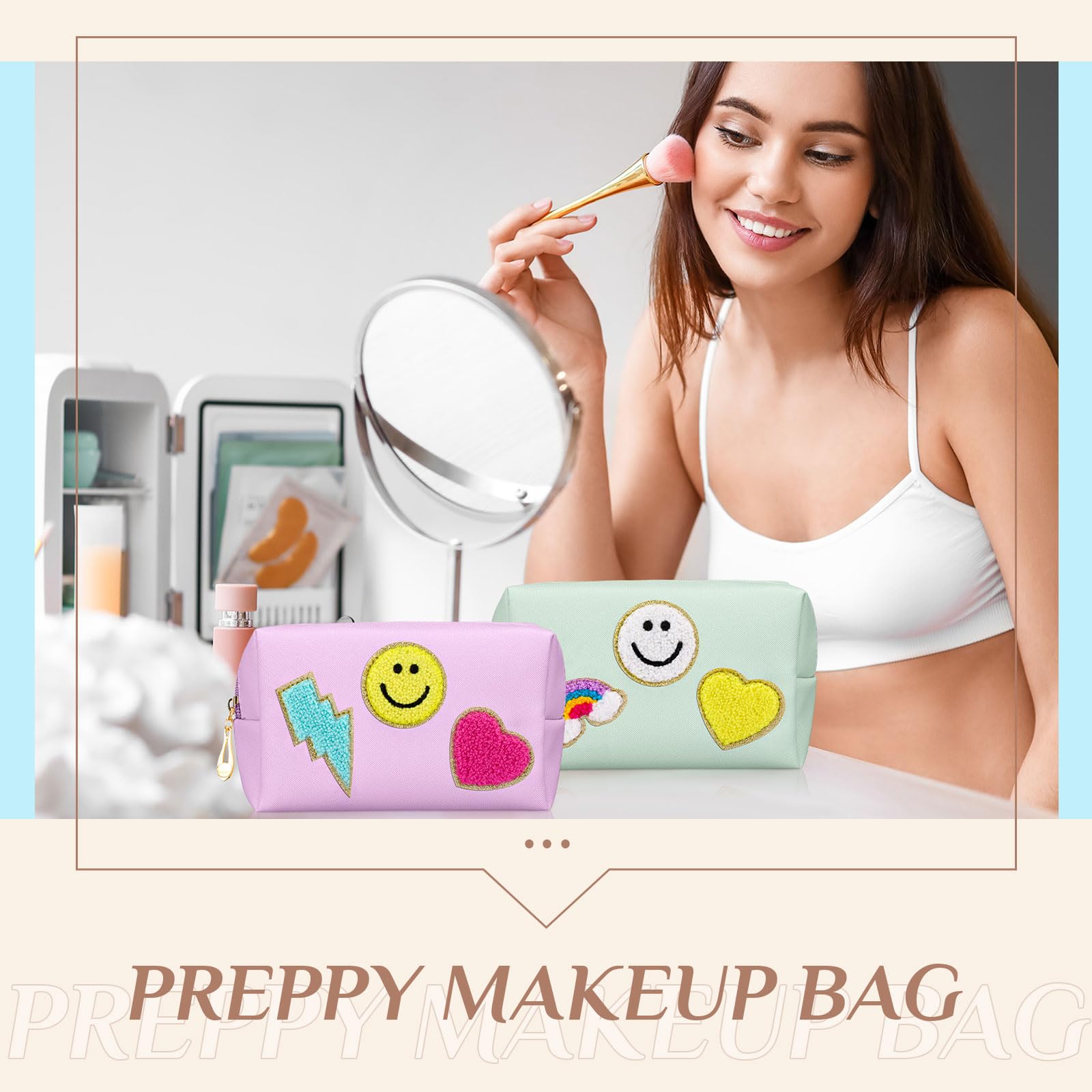 Sanwuta 12-Piece Preppy Patch Makeup Bag Set - Chenille Letter Cosmetic Organizer, PU Leather Toiletry Pouch with Smile, Lightning & Heart Designs | Waterproof Travel Storage for Women & Adults | Perfect for School, Gym, Travel & Daily Essentials