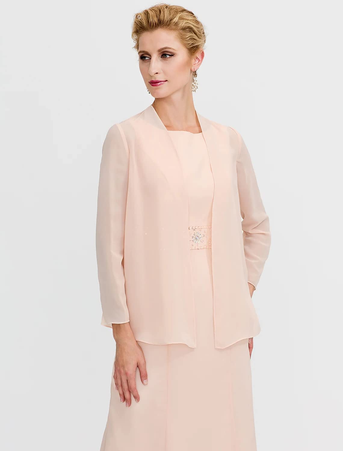 2 PCS Elegant Mother of The Bride Dresses - Chiffon Long Sleeve Beaded Wedding Guest Gown with Formal Cardigan for Evening Party, Special Occasions & Formal Events - Perfect for Weddings, Receptions, Galas & Black Tie Affairs