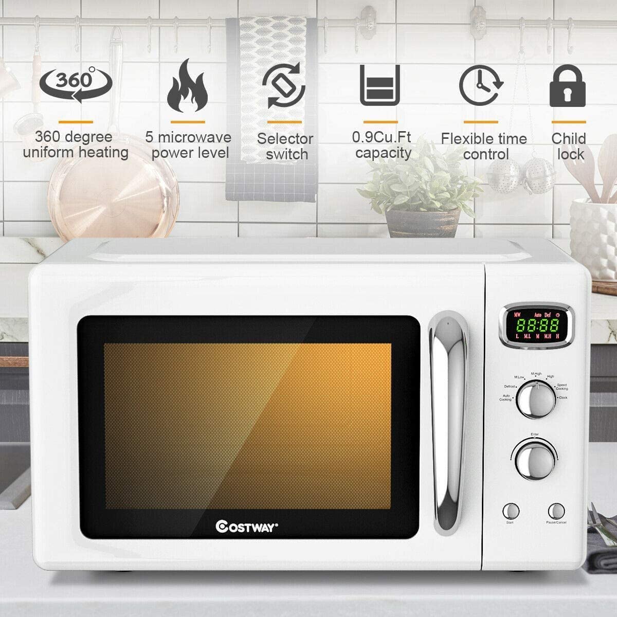 ARLIME Retro Microwave Oven - 900W Compact Countertop Microwave with Defrost, Auto Cook & Child Lock | 0.9 Cu.Ft Stainless Steel Interior, LED Display & Easy-Clean Design | Perfect for Dorms, Offices & Small Kitchens | ETL Certified
