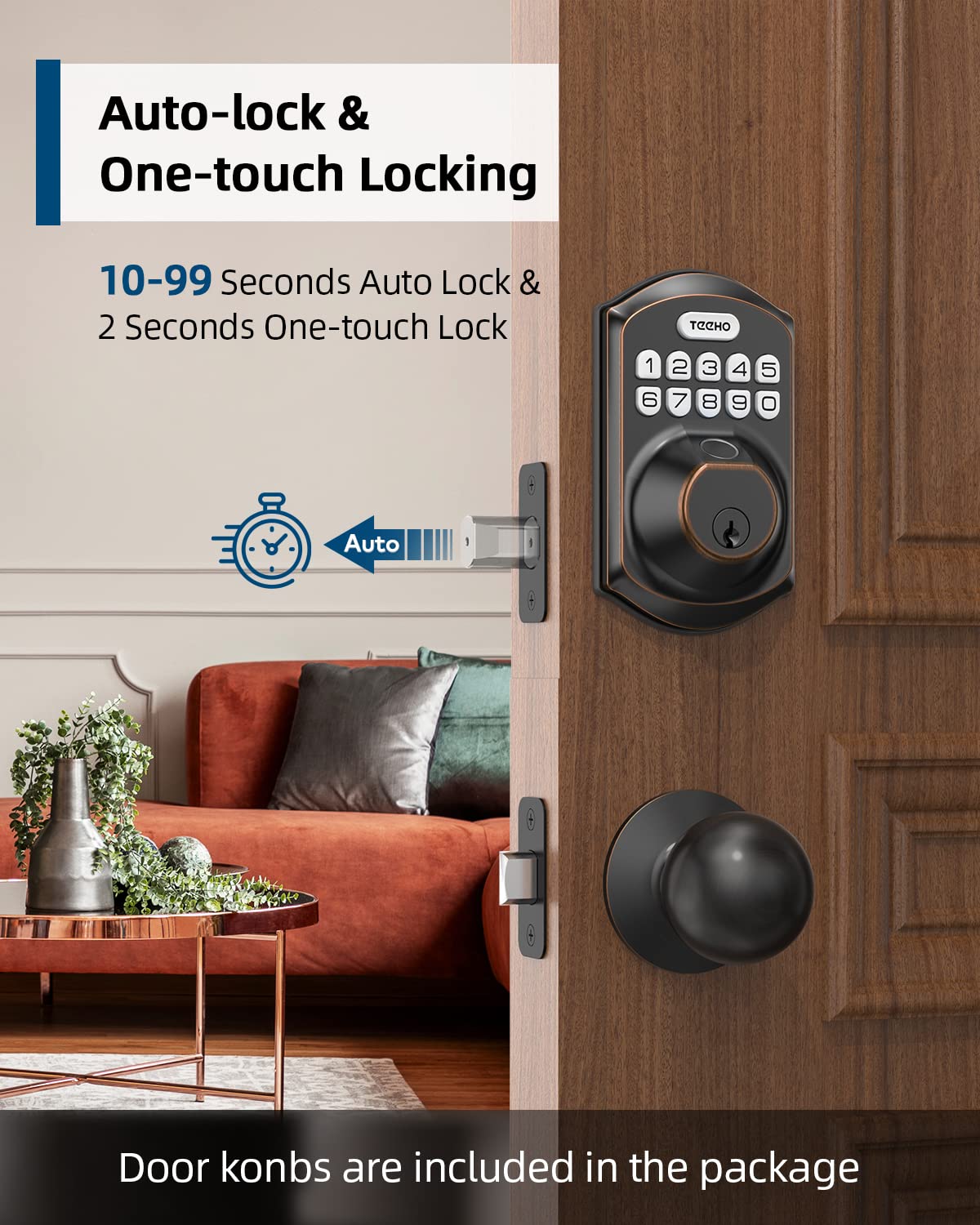 TEEHO TE002K Keyless Entry Fingerprint Smart Deadbolt Door Lock with Handle & Keypad - Oil-Rubbed Bronze Finish - Secure Your Home Office or Vacation Rental