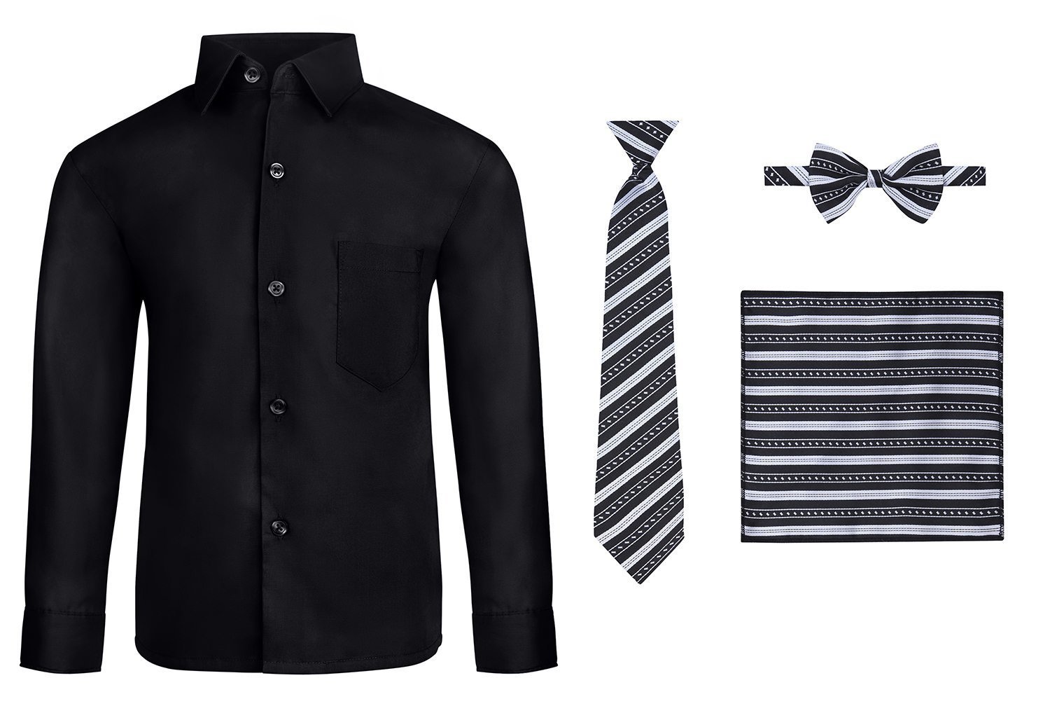 S.H. Churchill & Co. Boys' 6-Piece Formal Outfit Set - Black Dress Shirt & Khaki Comfort Waist Dress Pants with Tie, Bow Tie, Hanky & Belt - Size 7 - Perfect for Weddings, Church, School Events & Special Occasions