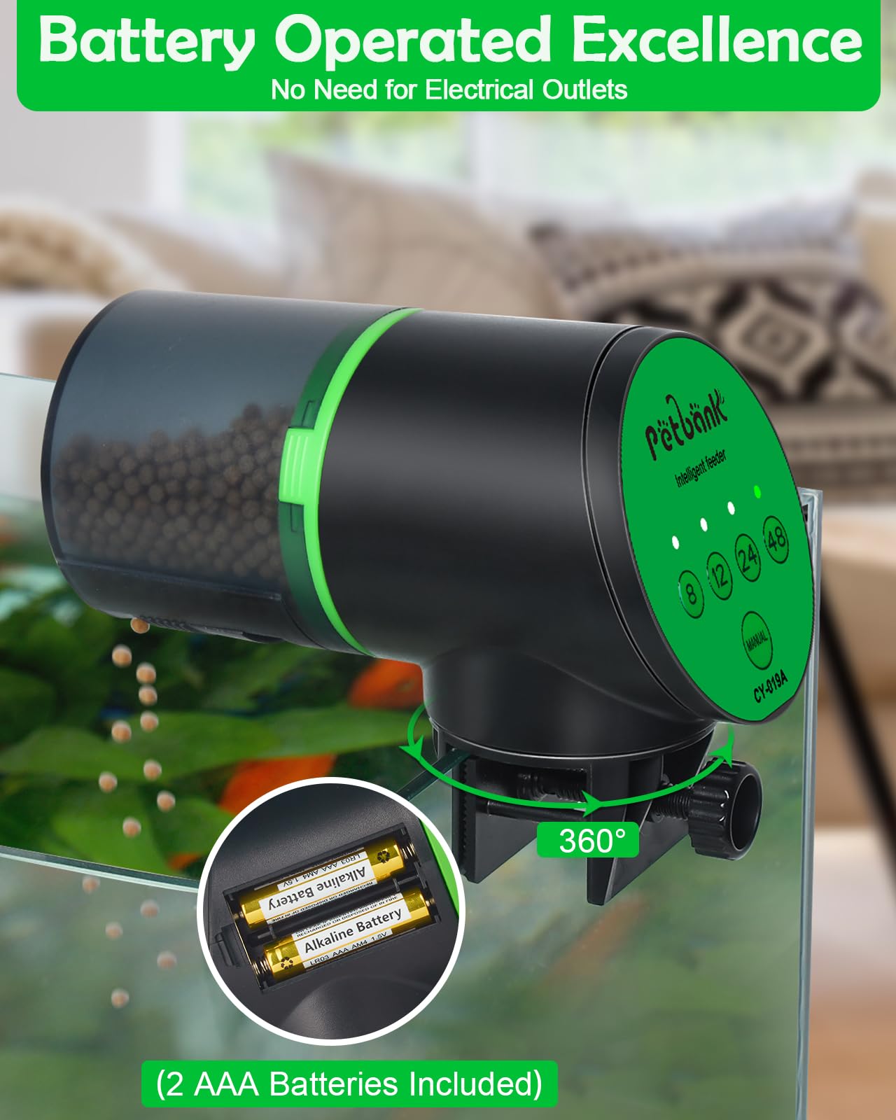Automatic Fish Feeder for Aquarium - Battery Operated Timer Fish Food Dispenser with 2 AAA Batteries Included - Perfect for Vacation & Daily Feeding