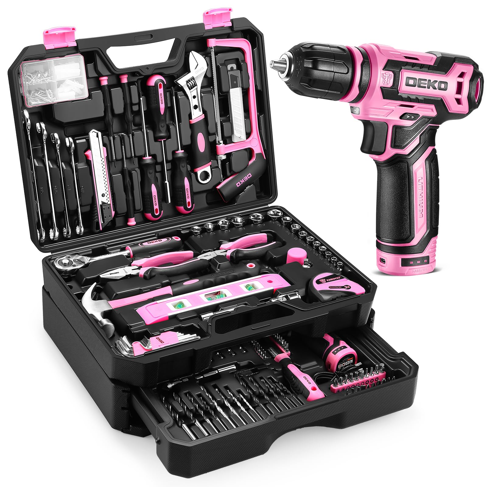 **DEKOPRO 12V Cordless Drill & Tool Kit Set - 65-Piece Pink Home Mechanic Toolbox with Storage Case | DIY Repair, Woodworking, Household Fixes | Perfect for Men & Women**