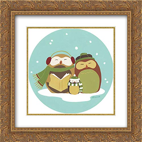 Vess June Erica 15x15 Gold Ornate Framed Double Matted Museum Art Print - Happy Owlidays II Wall Decor for Living Room, Bedroom & Office