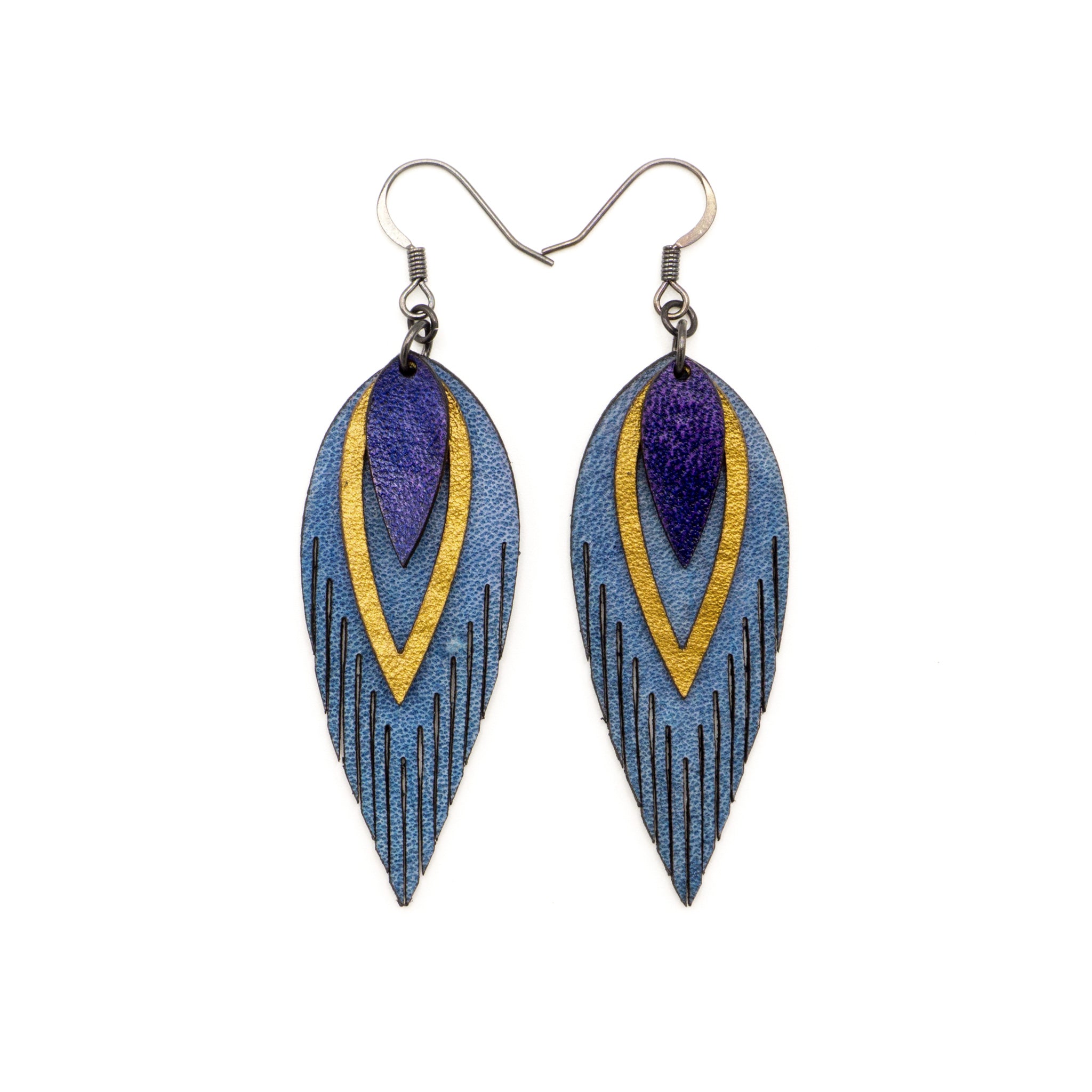 3 Layer Genuine Leather Earrings for Women - Blue, Gold, Purple Boho Chic Dangle Earrings | Perfect for Festivals, Parties & Everyday Wear