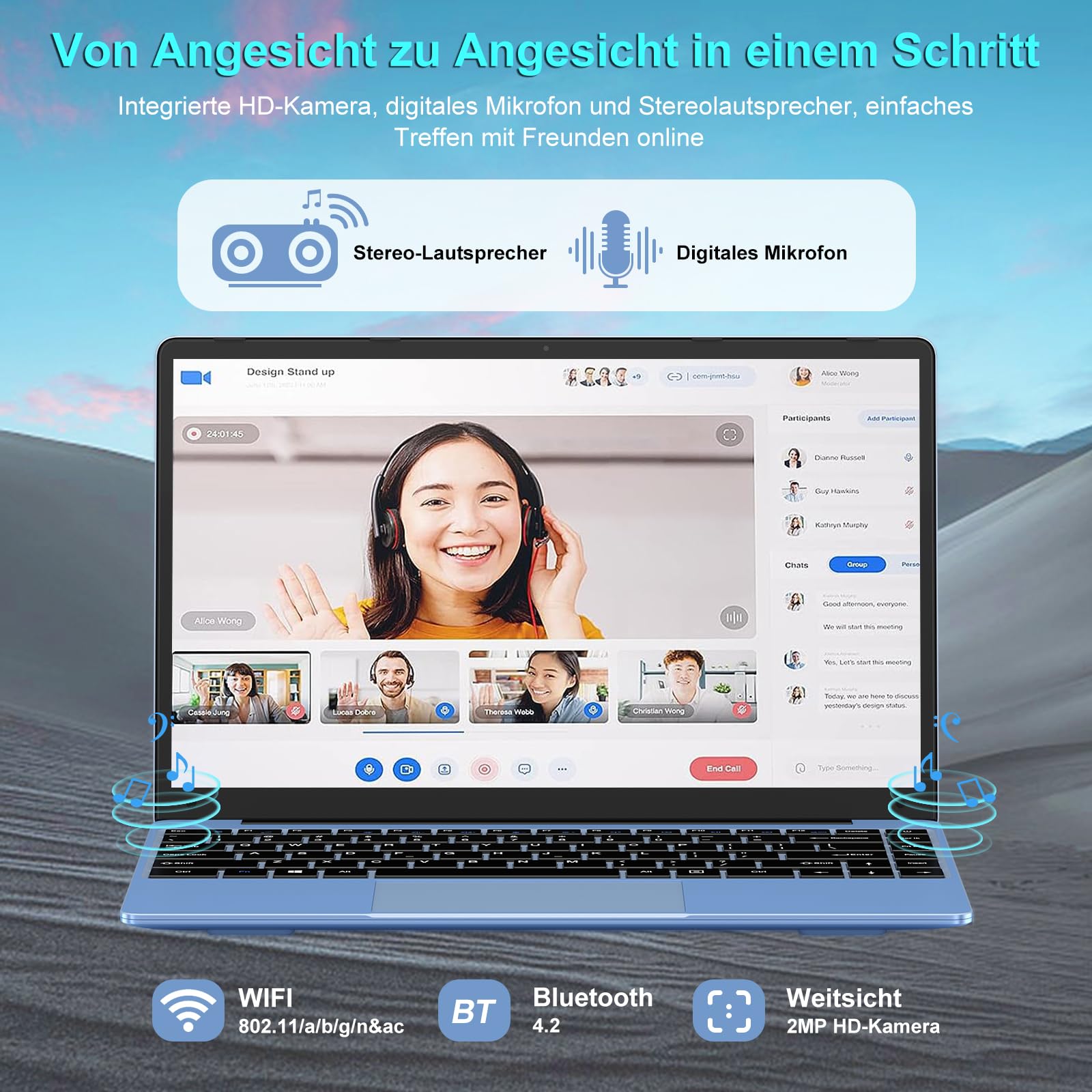 AOCWEI 14 Inch Laptop with Intel Celeron N4020 Processor (Up to 2.8GHz), Windows 11, 5G WiFi 6, 256GB SSD + Expandable 1TB Storage, 1920x1080 FHD Display, Bluetooth 4.2, Mini Multimedia Port - German Keyboard (Blue) | Perfect for Home Office, Online Learning & Business Travel