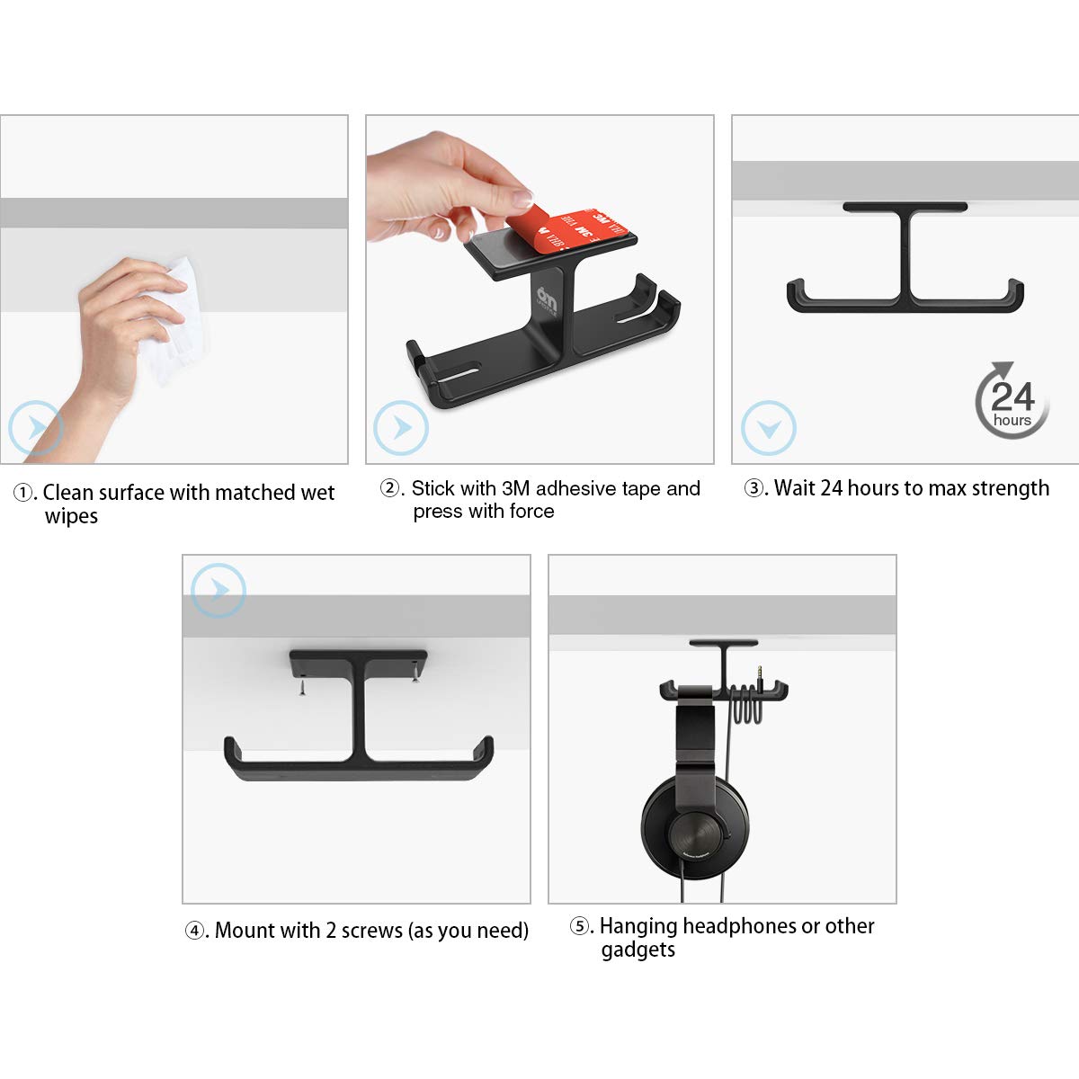 6amLifestyle Gaming Headphone Hanger - Aluminum Dual Headset Holder with Cable Organizer, Under Desk Mount for PC & Console Gaming Setup - Perfect for Home Office, Gaming Stations & Work Desks