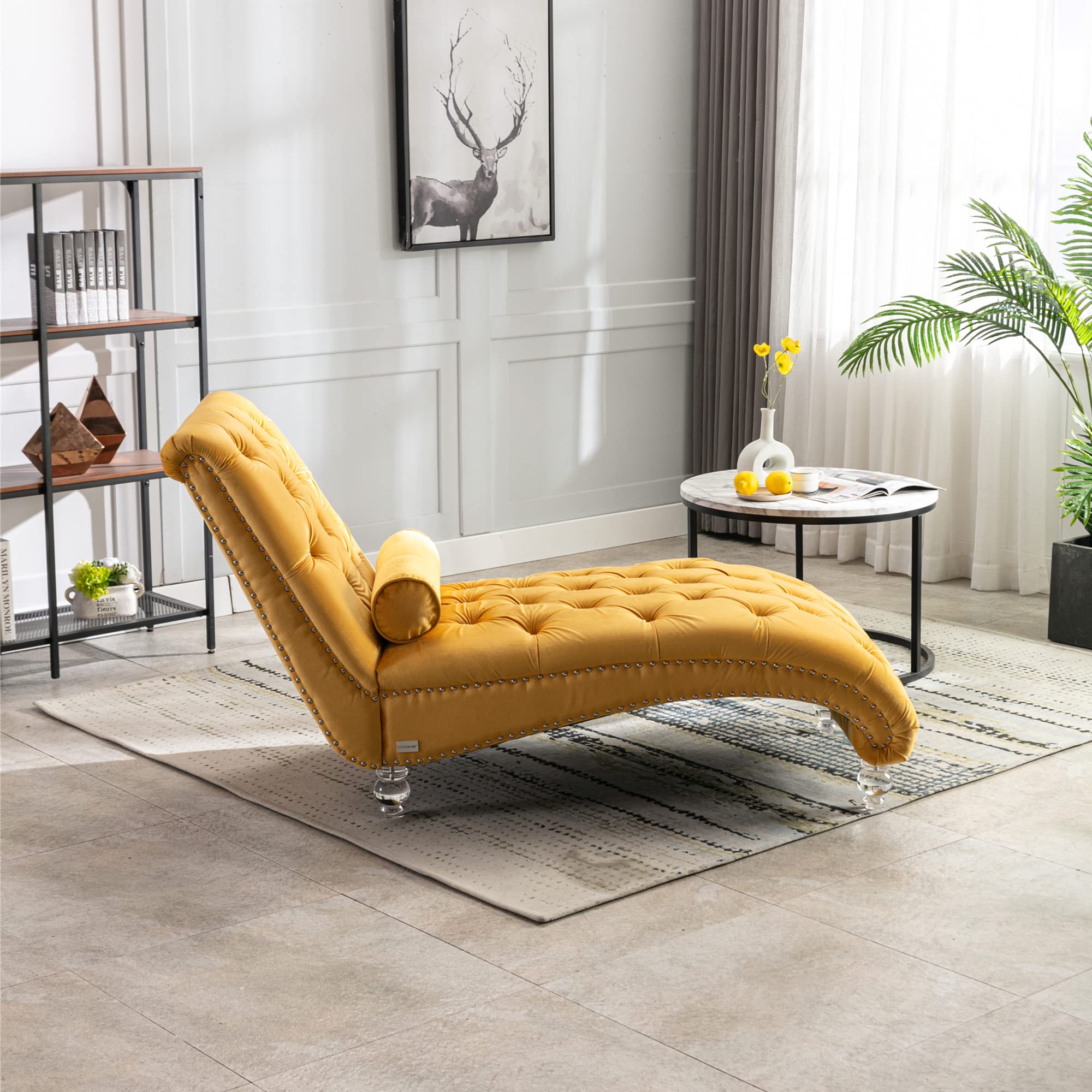 Modern Velvet Chaise Lounge Chair - Armless Mid-Century Sofa with Sturdy Acrylic Legs, Mustard Yellow Accent Piece for Living Room, Bedroom or Reading Nook