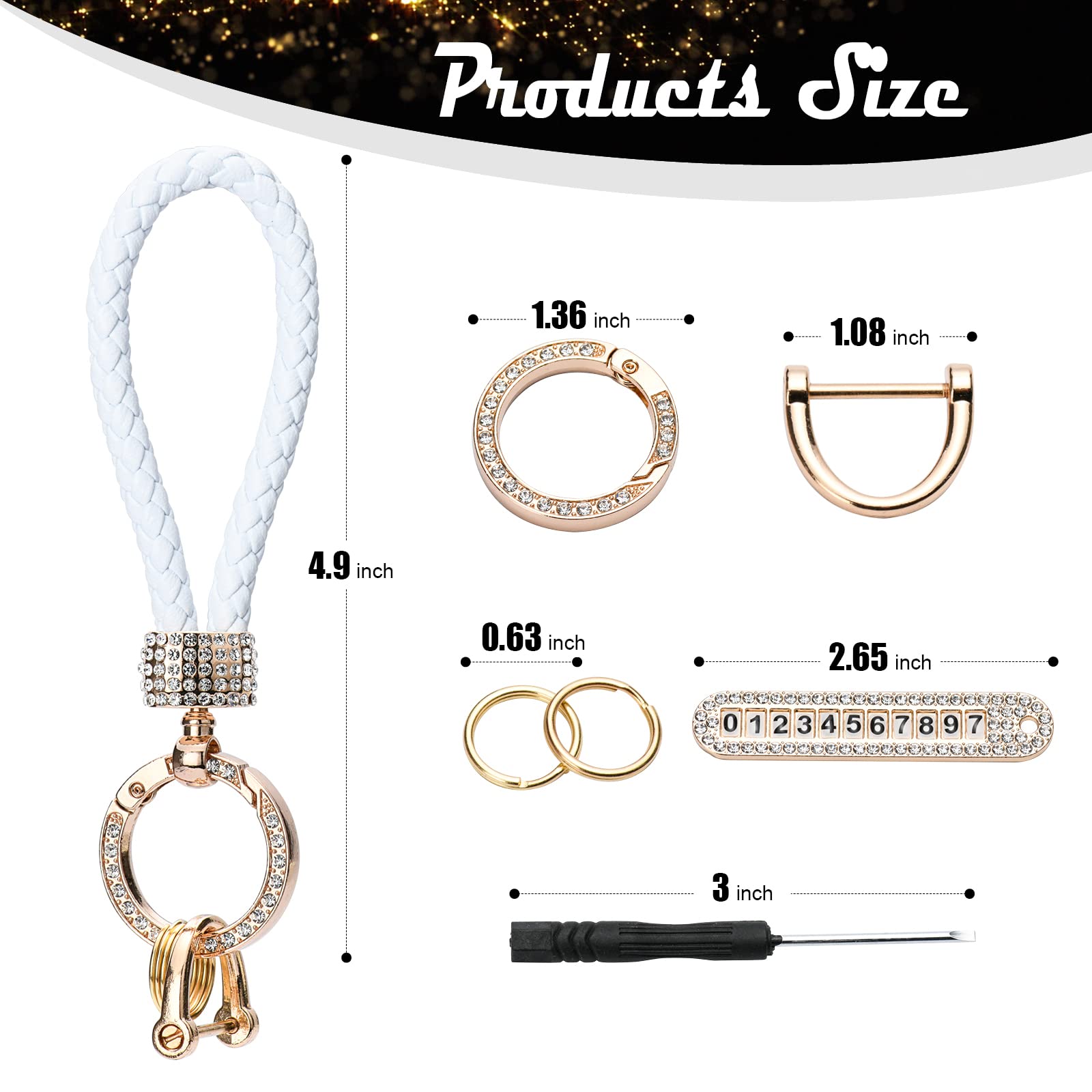Anti-Lost Car Keychains with Phone Number - Leather Woven Keychain Accessories with Bling Rhinestones - Perfect for Car Keys, House Keys & Gift Giving