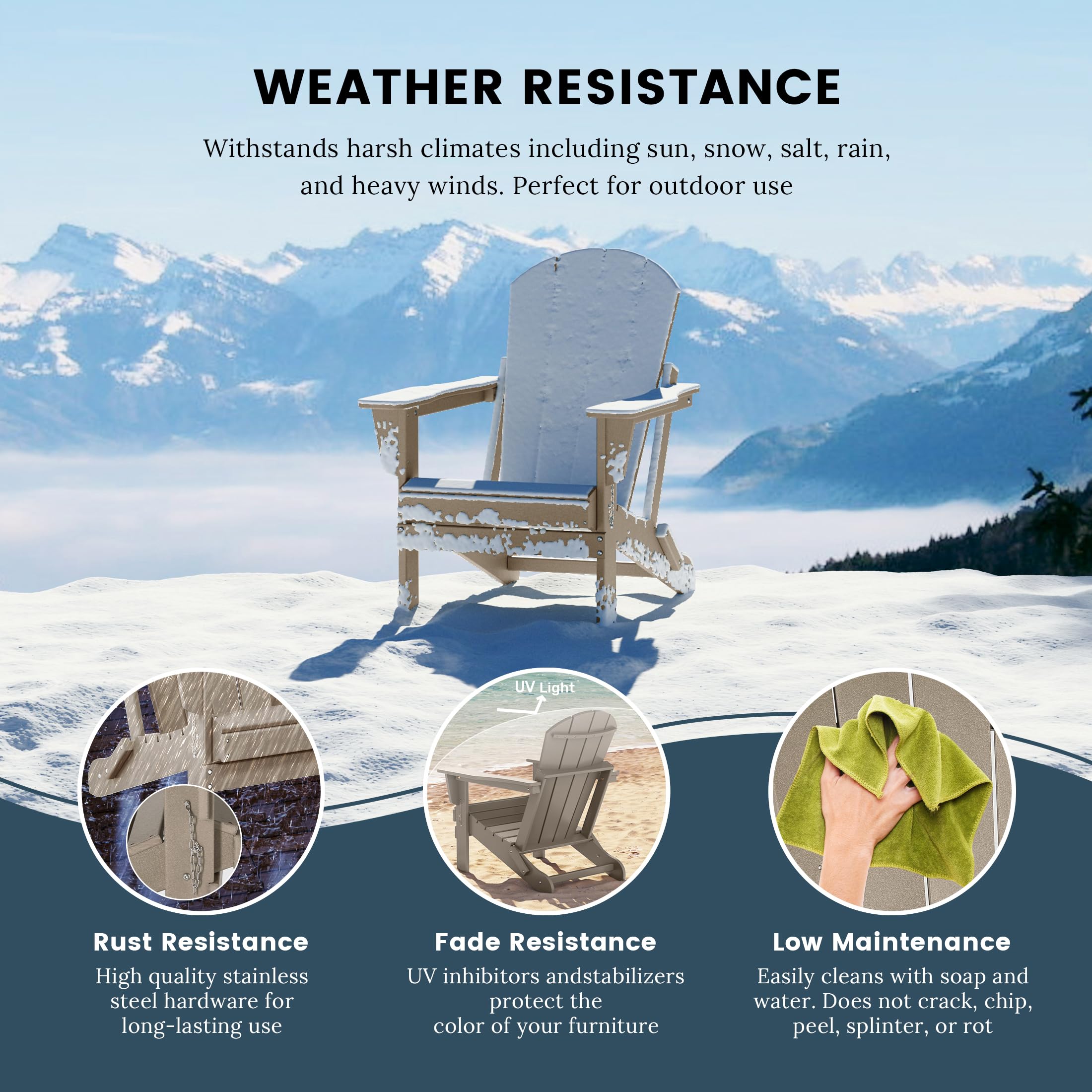 **WO Home Furniture Adirondack Chair Lounger - Outdoor Folding Chair for Fire Pit, Beach, Balcony, Backyard, Lawn, Patio, Pool, Deck & Garden - Weathered Wood Finish - Perfect for Relaxing, Sunbathing & Outdoor Gatherings**