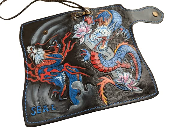 Handcrafted 3D Genuine Leather Wallet for Men - Long Biker Wallet with Intricate Hand-Carved Dragon Design - Custom Personalized Japanese Style Wallet - Perfect for Motorcycle Enthusiasts, Gift Giving & Everyday Use