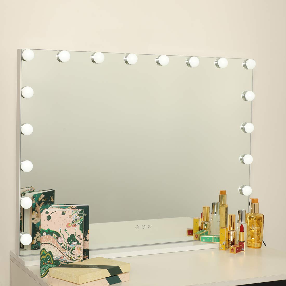 **Hollywood Vanity Makeup Mirror with 18 LED Lights – Touchscreen Cosmetic Mirror with 3 Color Modes, USB Port & Adjustable Brightness – Tabletop or Wall Mounted for Dressing Room, Bathroom & Bedroom (Ivory White)**