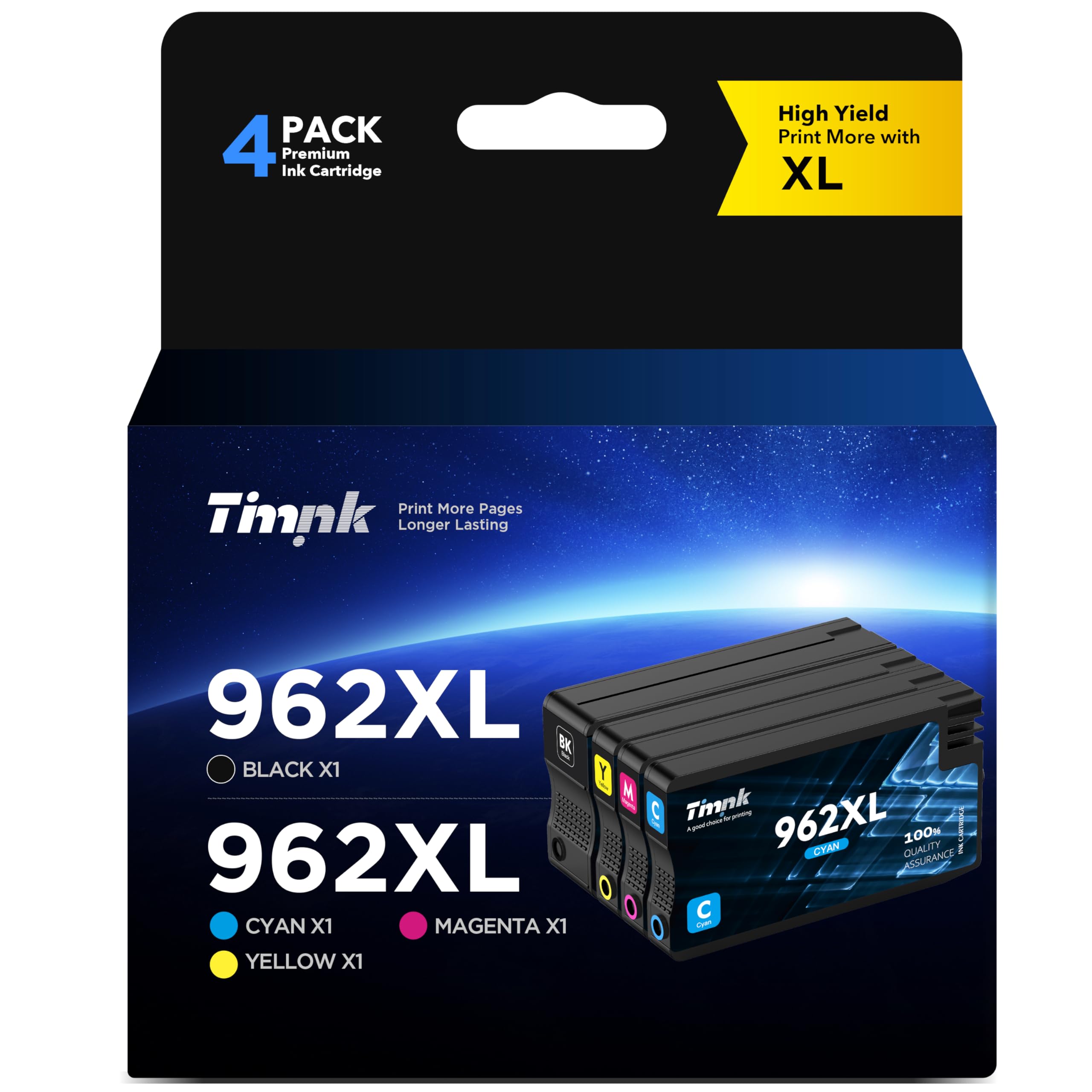High Yield 962XL (4-Pack) Ink Cartridge - Compatible with HP Officejet Pro 9010/9020/9015/9018/9025 Printers - Large Capacity Replacement for HP 962XL (1BK/1C/1M/1Y) - Perfect for Home Office, Business Printing & High Volume Documents