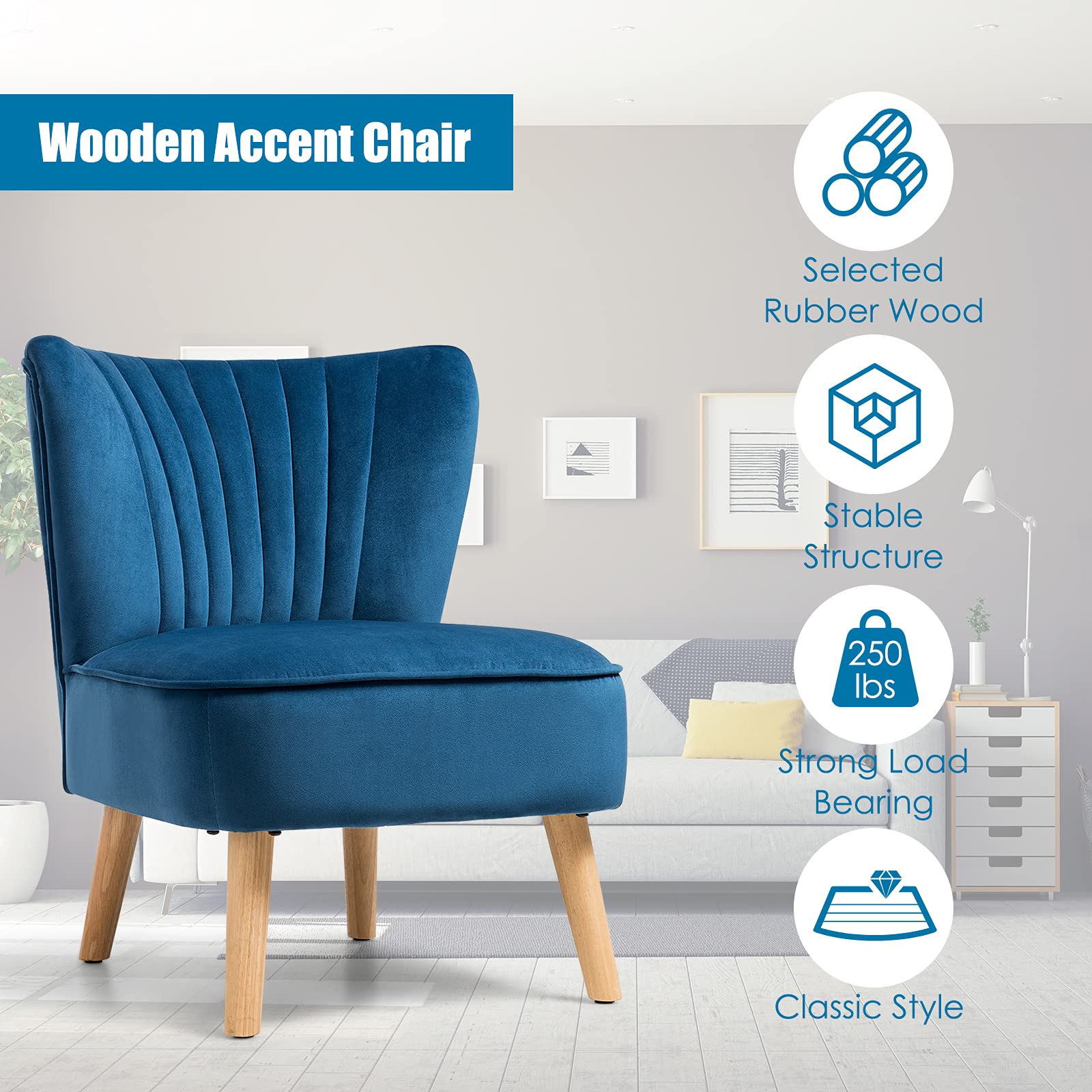 Velvet Modern Armless Accent Chair with Rubber Wood Legs & Thick Sponge Seat - Upholstered Wingback Leisure Sofa for Living Room, Bedroom & Office - Blue Comfort Chair for Relaxing, Reading & Small Space Decor