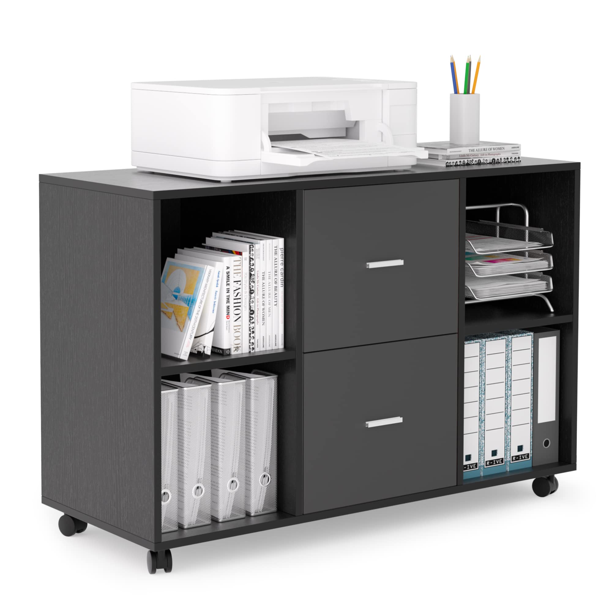 DEINPPA Wooden Horizontal Filing Cabinet with 4 Open Storage Shelves - Home Office Lateral File Cabinet with Lock & Printer Stand (Black-Dark Gray) - Perfect for Organizing Documents, Office Supplies & Printers in Small Spaces