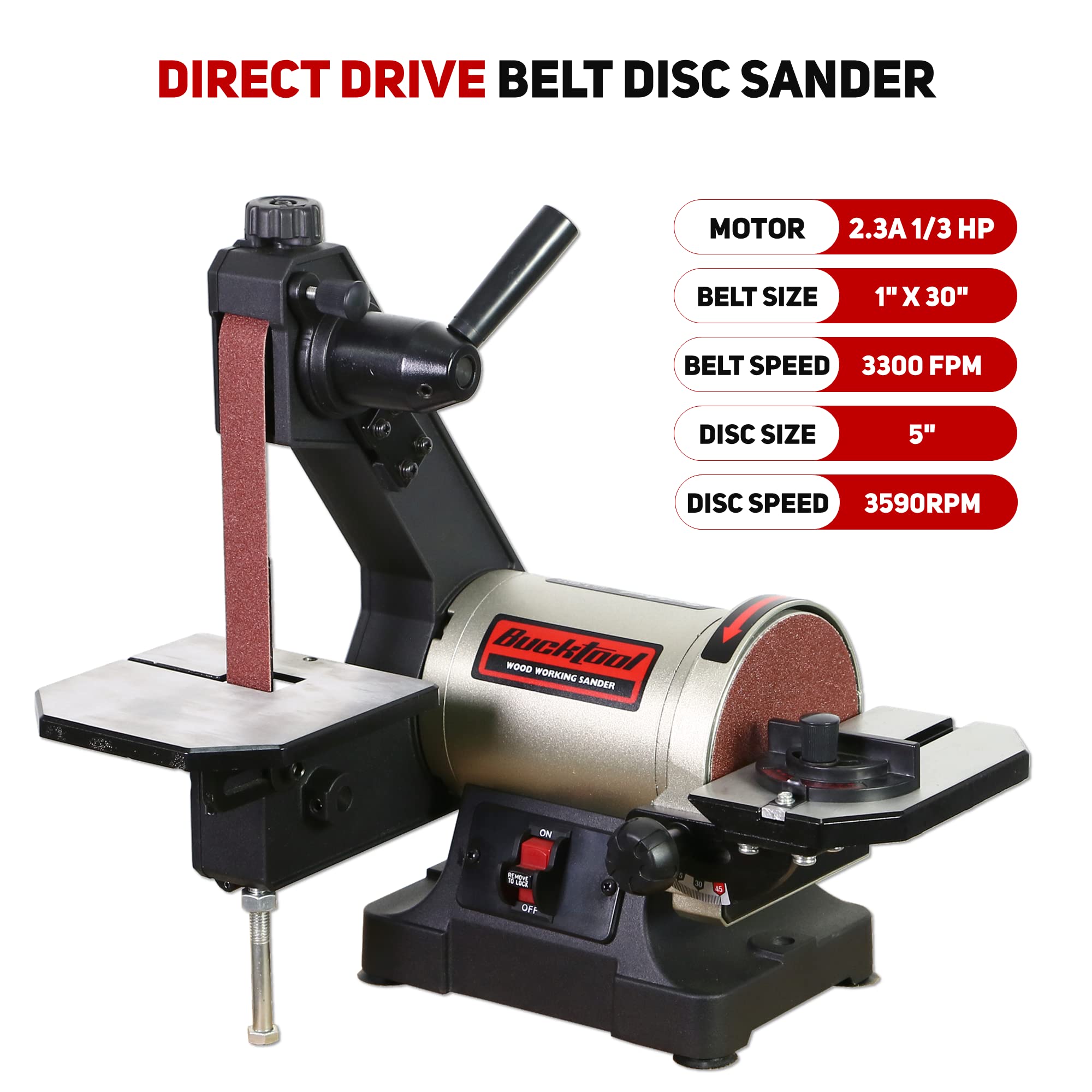 Bucktool 1x30 Inch Belt Sander with 5 Inch Disc - 1/3HP Benchtop Sander with Wrench Storage & Easy Belt Cover - Perfect for Woodworking, Metal Polishing & DIY Projects