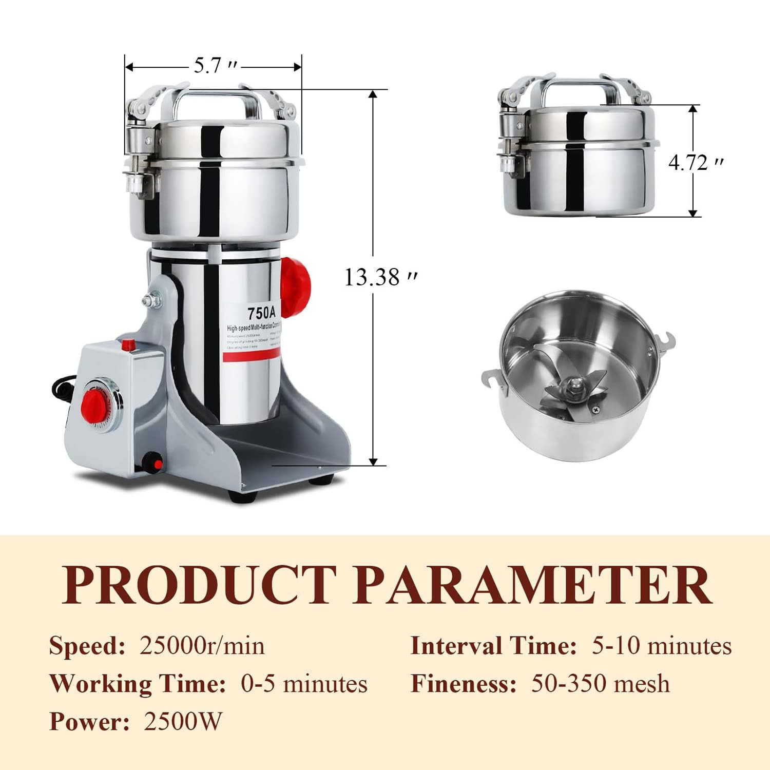 750W Electric Grain Grinder & Spice Mill - 304 Stainless Steel Commercial Grinding Machine for Coffee, Herbs, Rice & Pepper - High Speed 2600 RPM Kitchen Appliance for Home & Restaurant Use