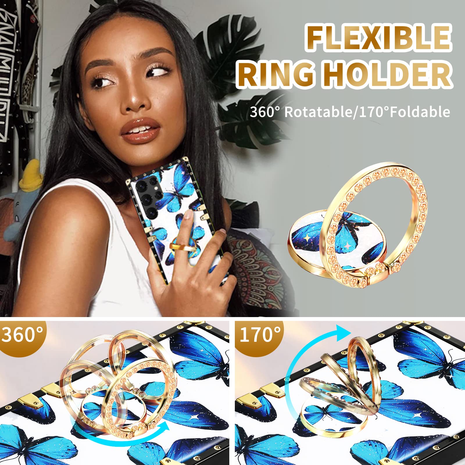 Luxury Butterfly Retro Phone Case for Samsung Galaxy S22 Ultra - Shockproof Protective Cover with Ring Stand & Lanyard, Glamorous Cute Edges Design for Women & Girls | Perfect for Work, Travel & Everyday Use