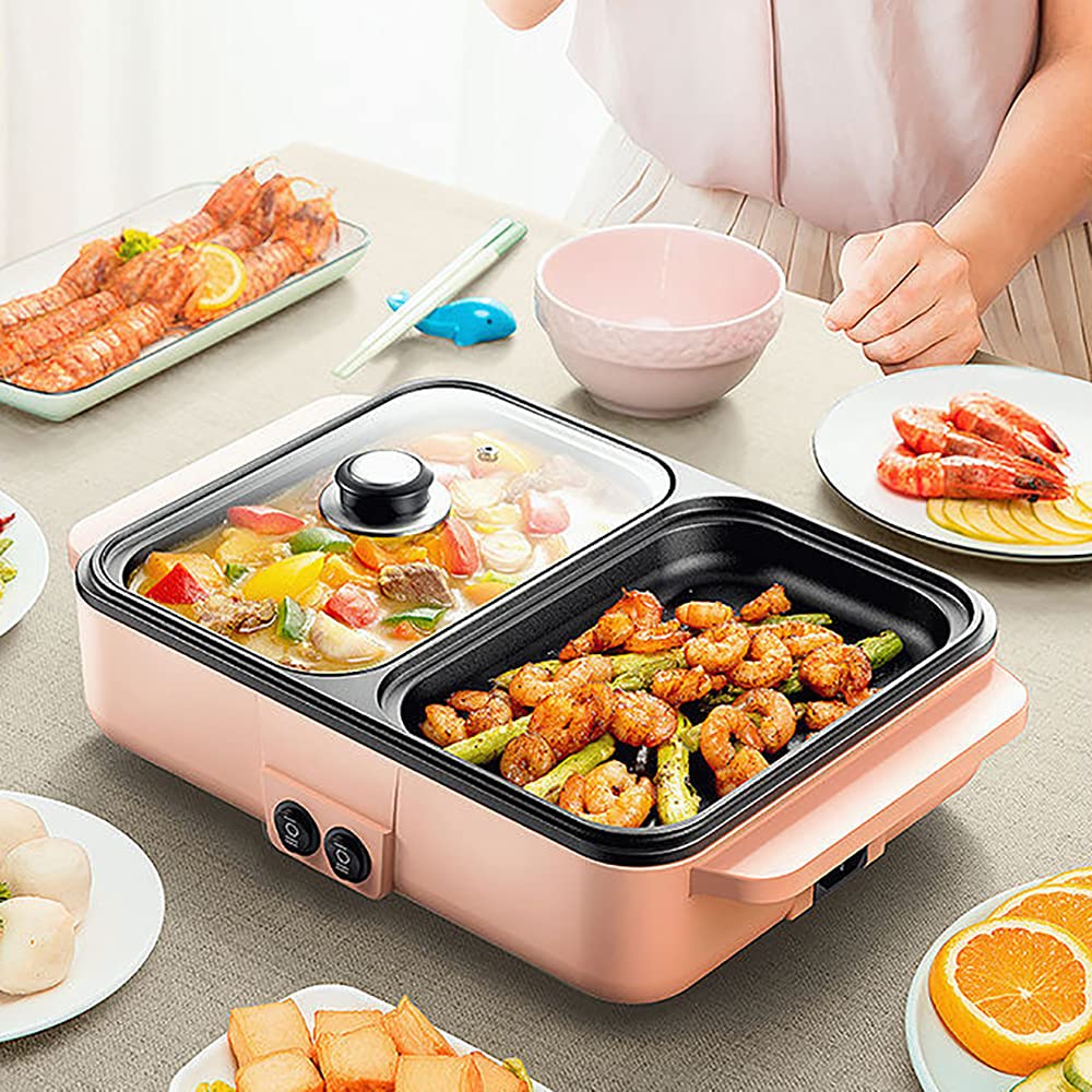 Mini Shabu Shabu Hot Pot & Grill 2-in-1 Electric Cooker - Non-Stick Indoor/Outdoor Party Appliance with Independent Temperature Control (Pink) - Perfect for Home Cooking, Camping & Family Gatherings