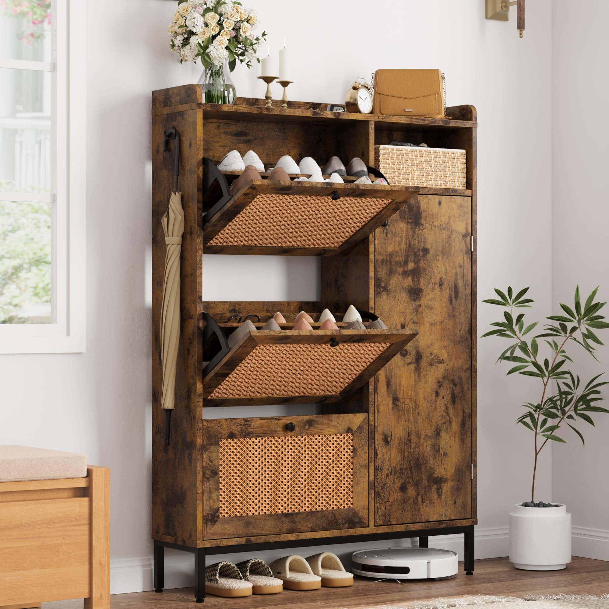 **3-Tier Rattan Shoe Storage Cabinet with Flip Drawers - Freestanding Entryway Organizer, Adjustable Shelves for Hallway & Closet - Easy Assembly, Brown - Perfect for Small Spaces & Shoe Organization**