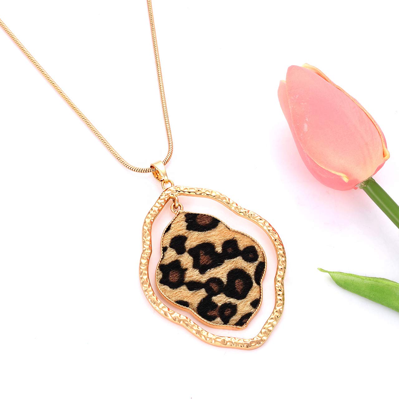 Women's Long Leopard Print Necklace - Gold Chain Leather Pendant for Casual & Party Wear | Animal Print Cheetah Fashion Jewelry for Everyday Style & Special Occasions