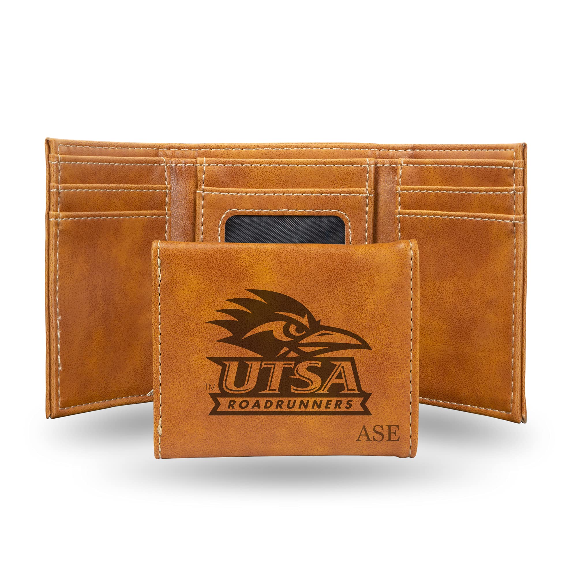 Custom NCAA Texas-San Antonio Roadrunners Brown Laser Engraved Slim Tri-Fold Wallet - Personalized College Football Fan Gift for Men - Perfect for Game Day & Everyday Use