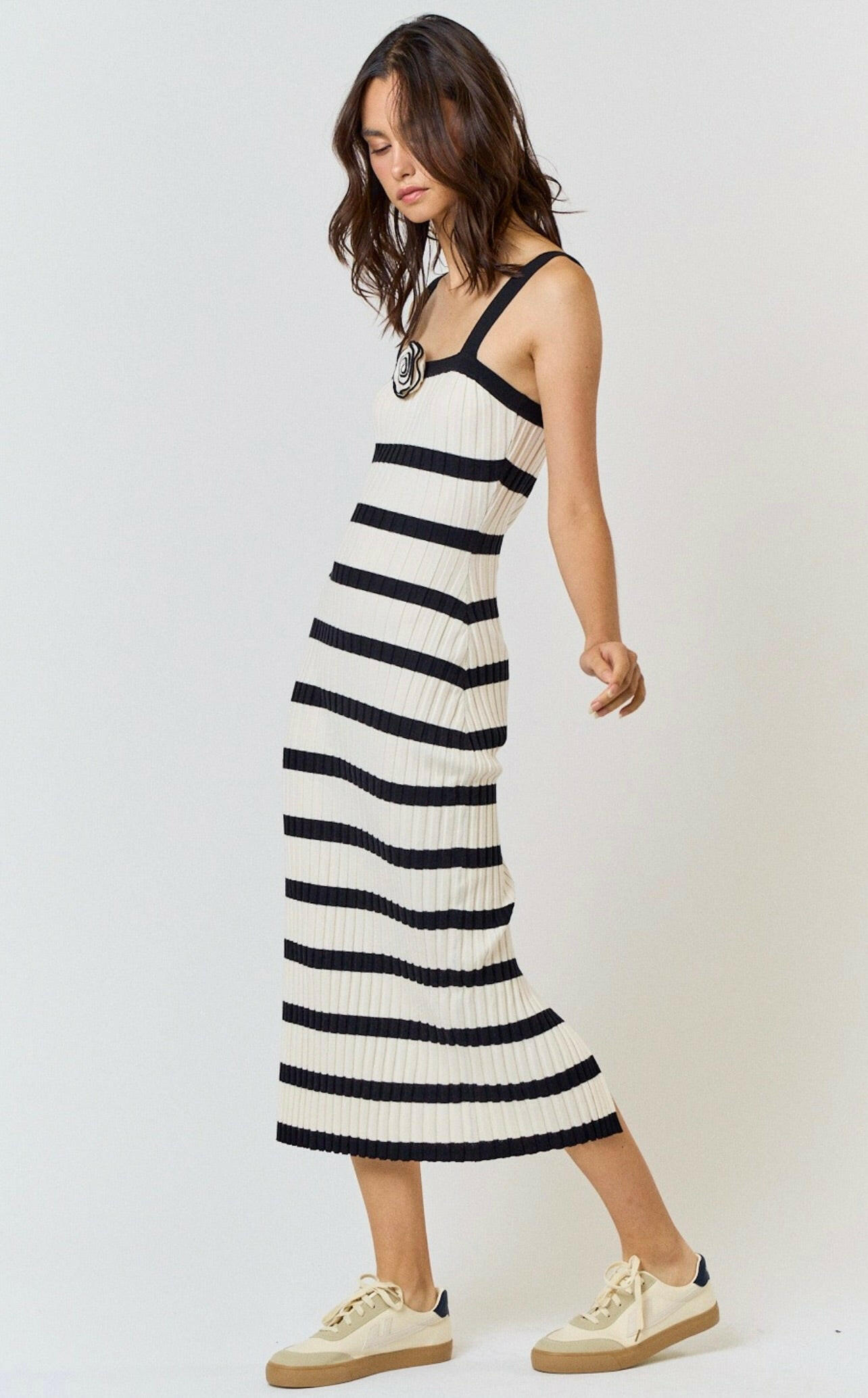 Rosette Striped Sleeveless Sweater Midi Dress - Cream & Black | Summer Casual Outfit, Beach Cover Up, Vacation Wear, Party Dress