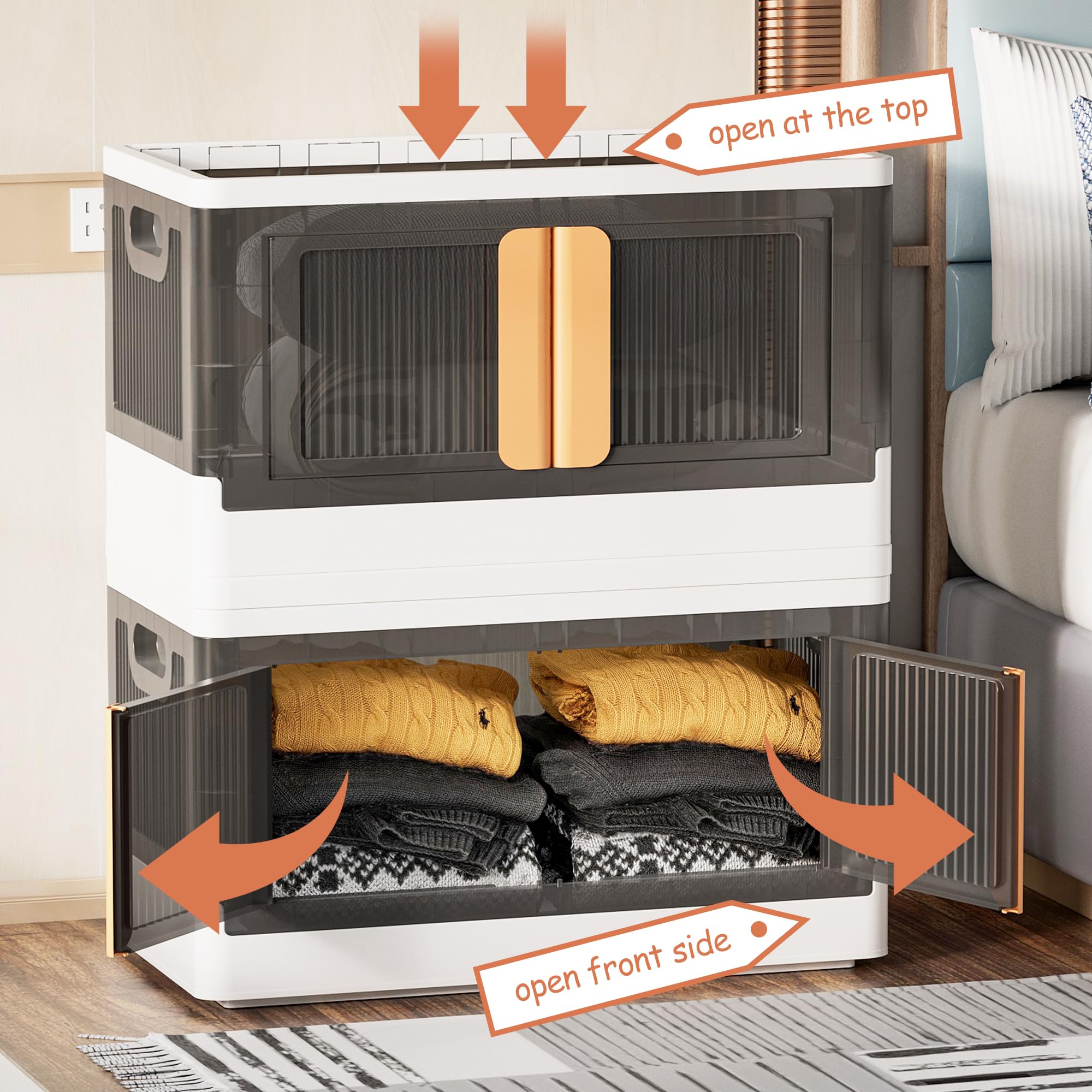 4-Tier Plastic Storage Bins with Lids - 19 Gallon Stackable Organizing Containers with Wheels - Foldable Storage Box for Closet, Living Room, Office & Dorm - Space-Saving Grey & White Home Organization Solution (Perfect for Seasonal Clothes, Toys & Household Items Storage)