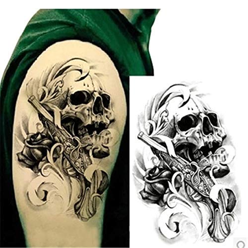 3D Skull Cross Pink Rose Flower Temporary Tattoo Sticker for Women & Men - 21x15cm Black Body Art (1PC) | Perfect for Halloween, Parties, Festivals & Costume Events