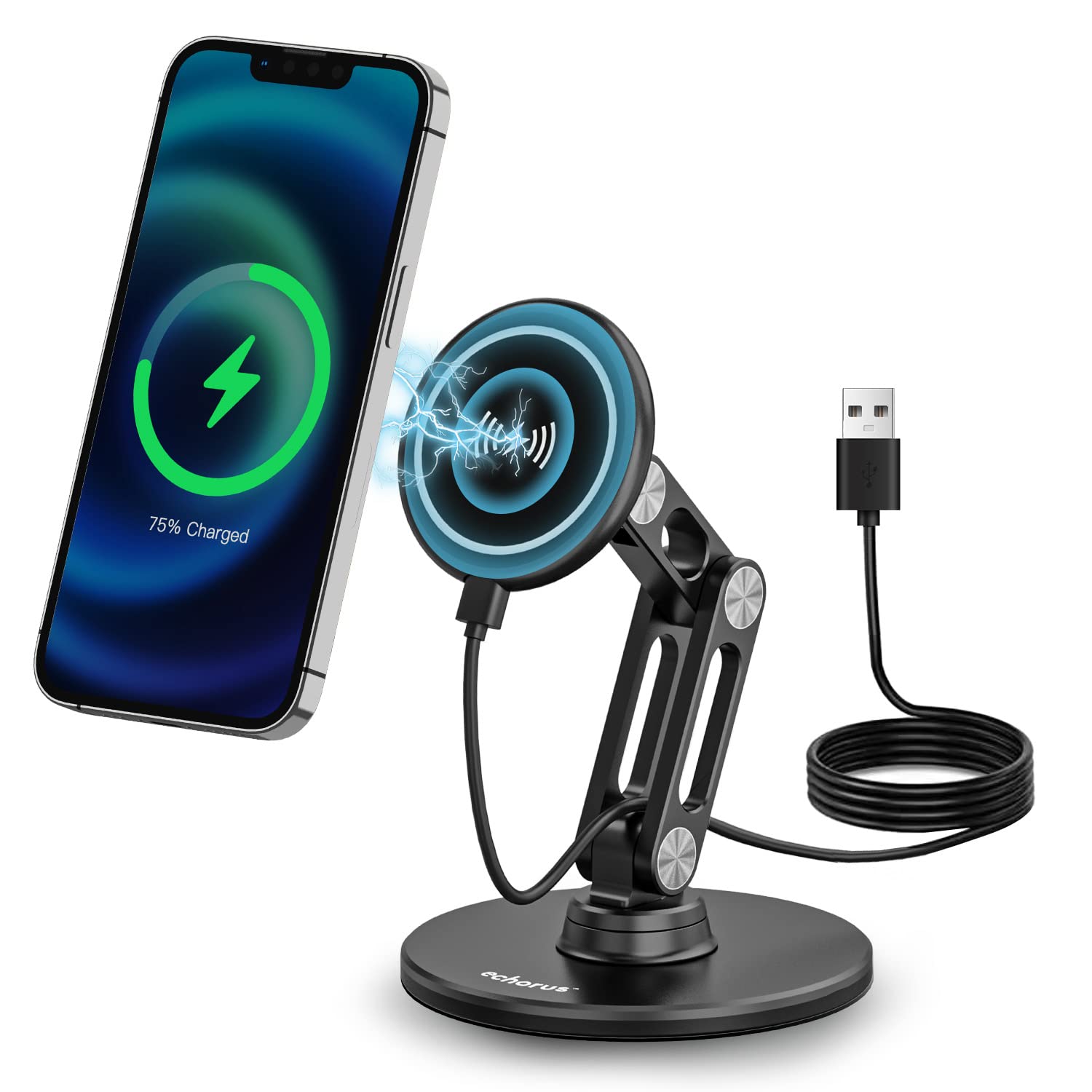 Magnetic Wireless Charging Stand for iPhone 15/14/13/12 - 360° Rotating Magsafe-Compatible Charger with Stainless Steel Ball Joint for Desk, Car & Office Use - Hands-Free Charging Dock for iPhone & Android Phones - Perfect for Work, Gaming & Video Calls
