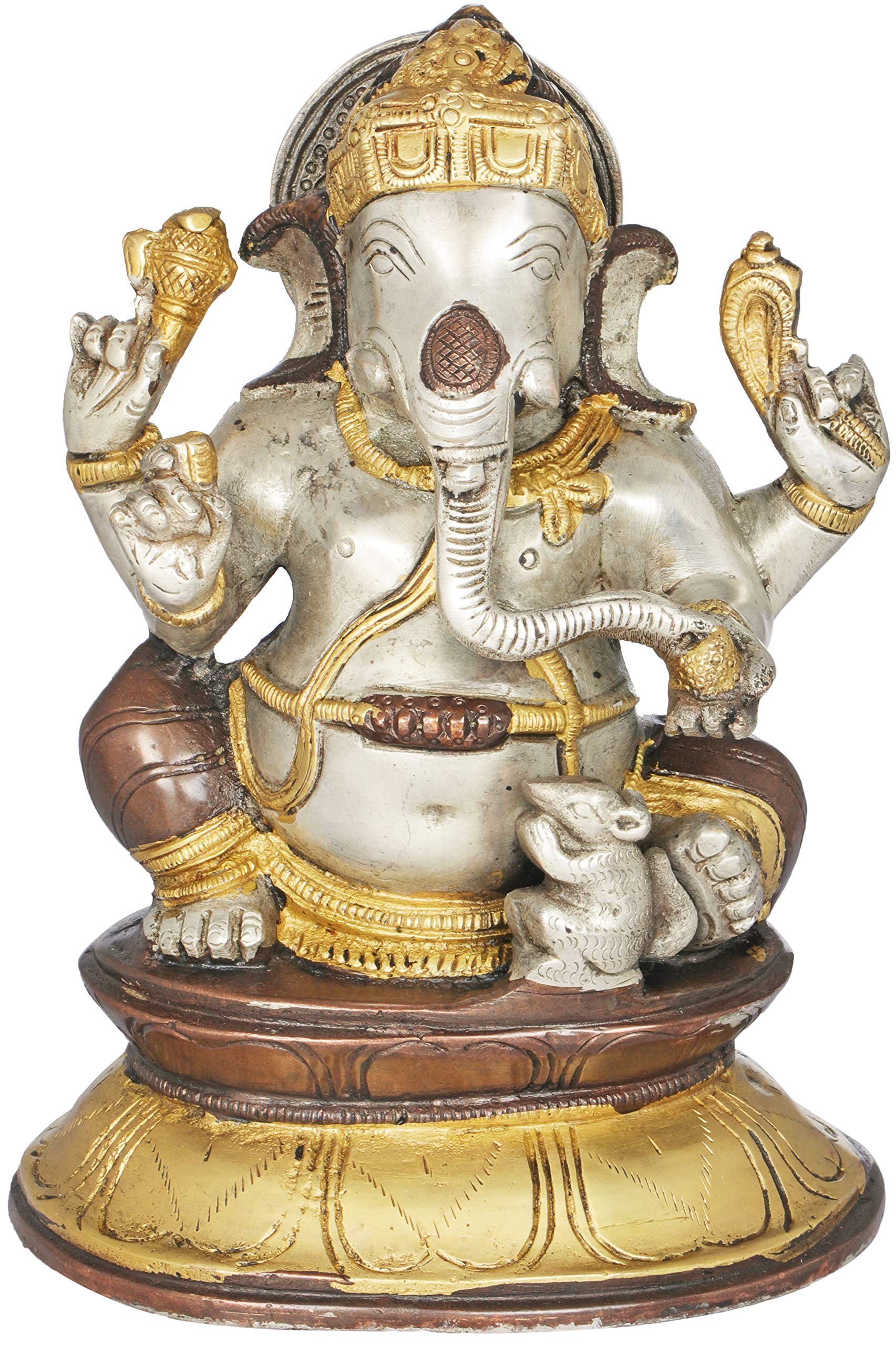 Exotic India Chaturbhuja Ganesha Brass Statue with Mouse - Handcrafted Hindu God Ganesh Idol for Home Altar, Office Decor & Spiritual Gifts
