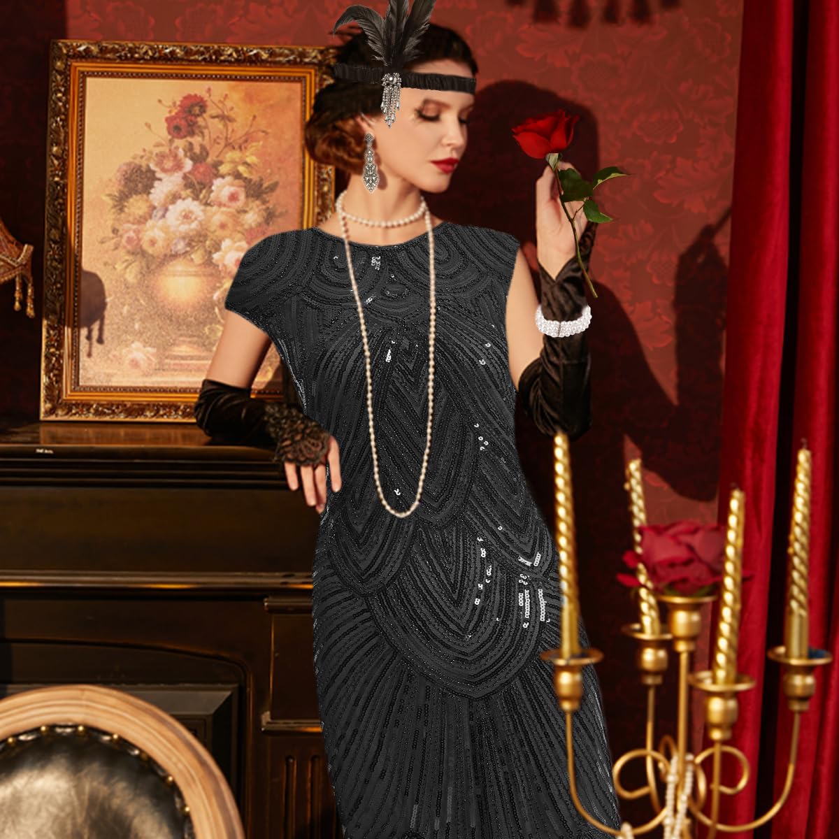 1920s Flapper Dress for Women - Vintage Sequin Lace Fringed Cocktail Dress with 20s Accessories Set | Great Gatsby Party, Roaring 20s Theme, Halloween Costume & Vintage Dance Outfit