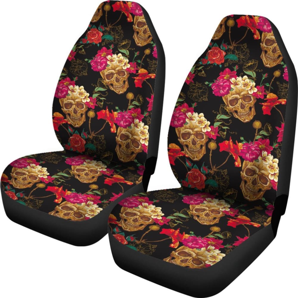 2 Pcs Floral Sugar Skull Day of The Dead Car Seat Covers - Mexican Style Decor for Halloween, Dia de Los Muertos Celebration & Car Interior Protection (Use for Cars, Trucks, SUVs)