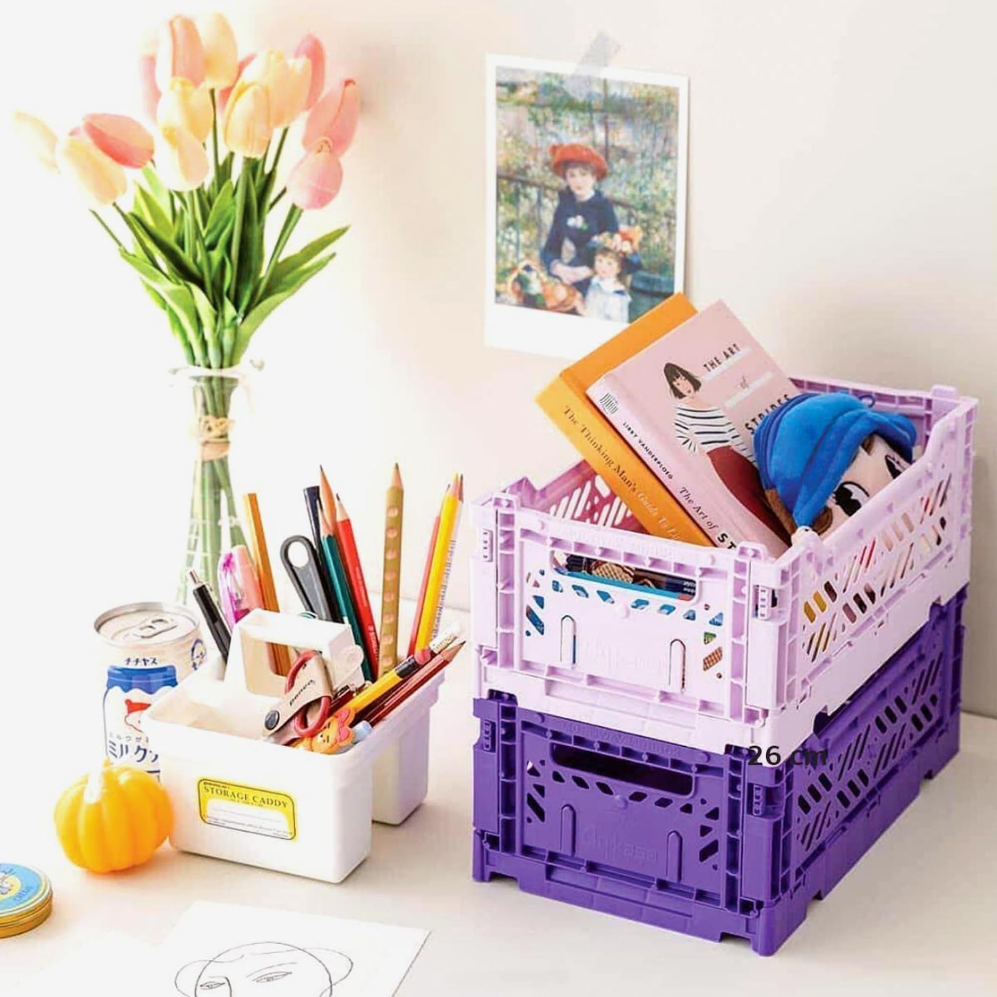 Aykasa Collapsible Storage Bins - Stackable Plastic Crates for Home & Office (Small, Almond Green)