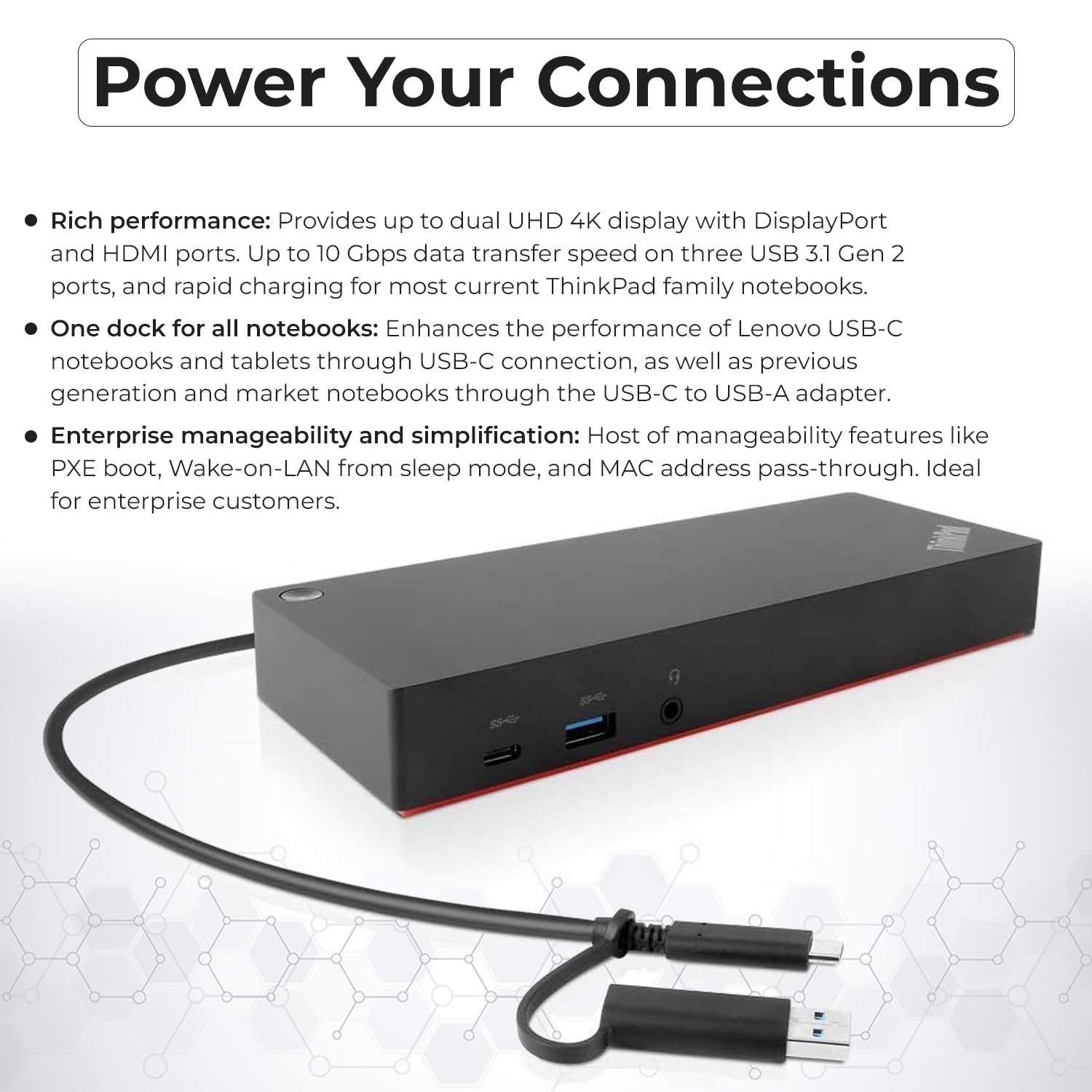 Lenovo ThinkPad 40AF0135US USB-C Docking Station with Dual Monitor Support - Includes USB-A Adapter, HDMI Cable, DisplayPort Cable, USB-C Cable & Microfiber Cloth - Perfect for Home Office & Remote Work Setup