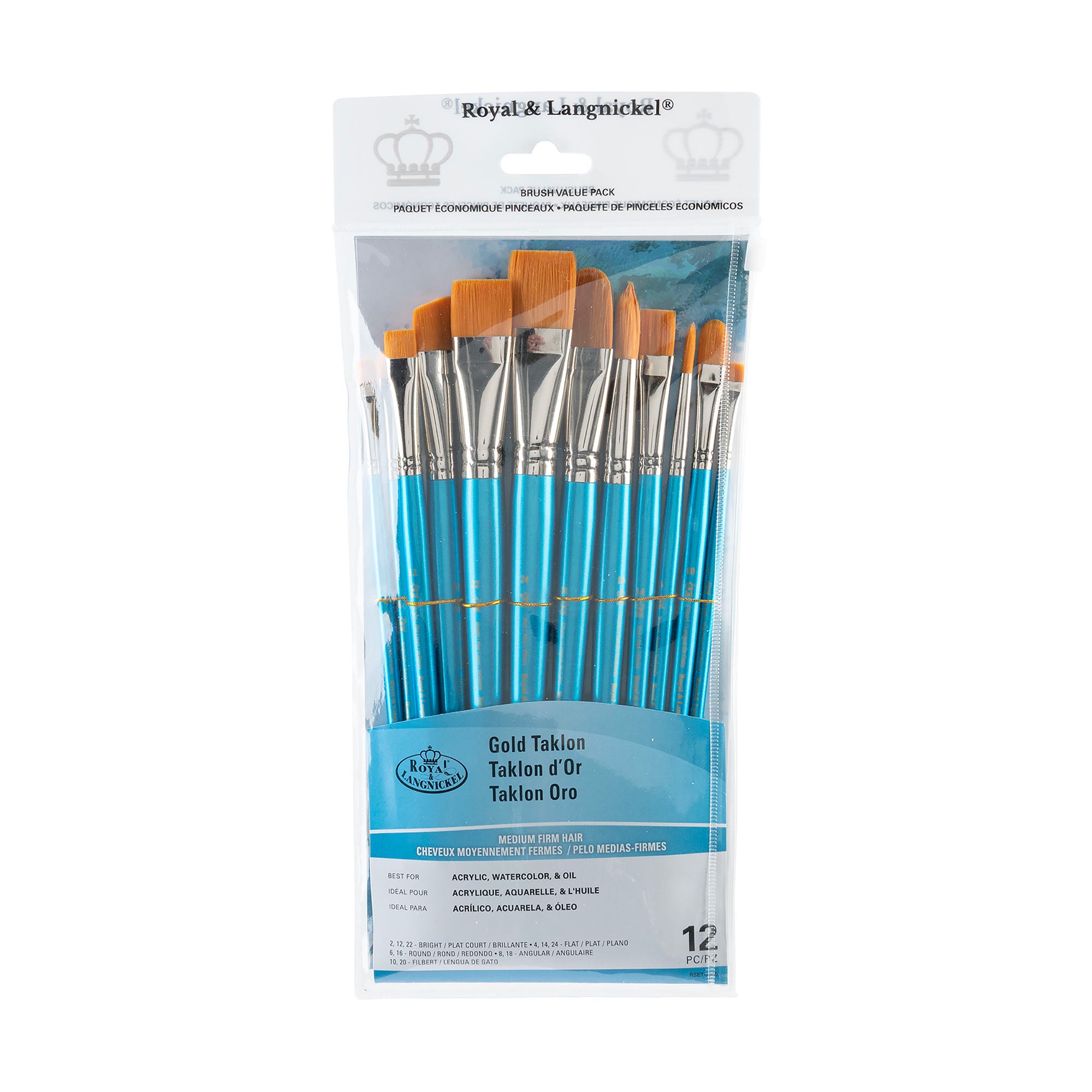 12 Pack Gold Taklon Brushes - Professional Bright & Flat Paint Brushes for Acrylic, Watercolor & Oil Painting - Perfect for Artists, Hobbyists & DIY Projects