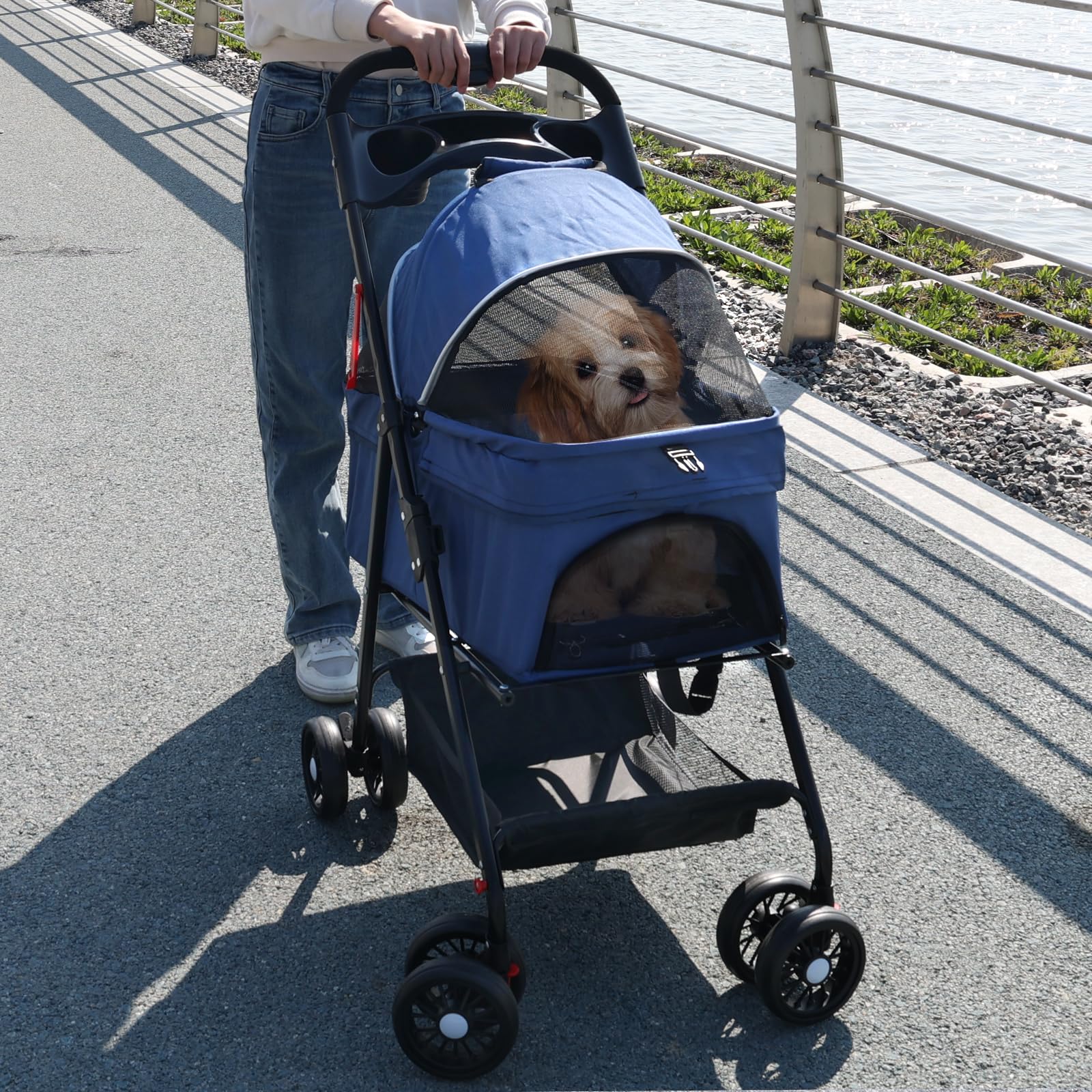 Premium 4-Wheel Pet Stroller for Small & Medium Dogs & Cats Up to 30lbs - Foldable Design with Storage Basket & Cup Holder (Blue) - Perfect for Park Walks, Vet Visits & Shopping Trips