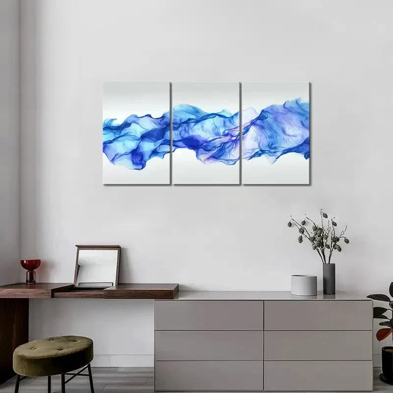 3-Piece Abstract Blue Smoke Painting Metal Prints - Ready to Hang Wall Art Decor for Living Room, Bedroom & Office