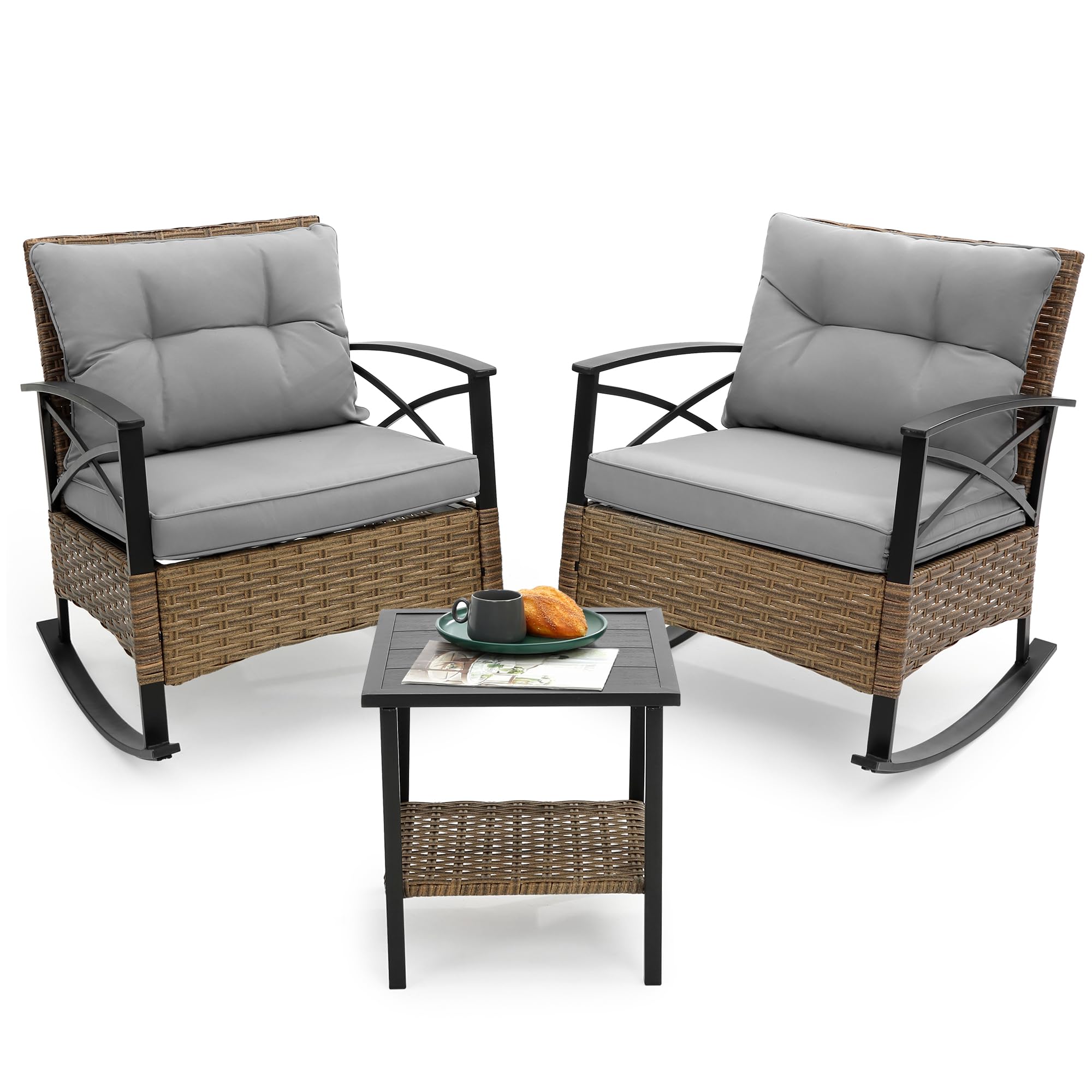 HOMEFUN 3-Piece Outdoor Patio Furniture Set - 2 Rocking Chairs with Thick Cushions, Durable Porch & Backyard Seating for Relaxing, Garden, Deck, Poolside