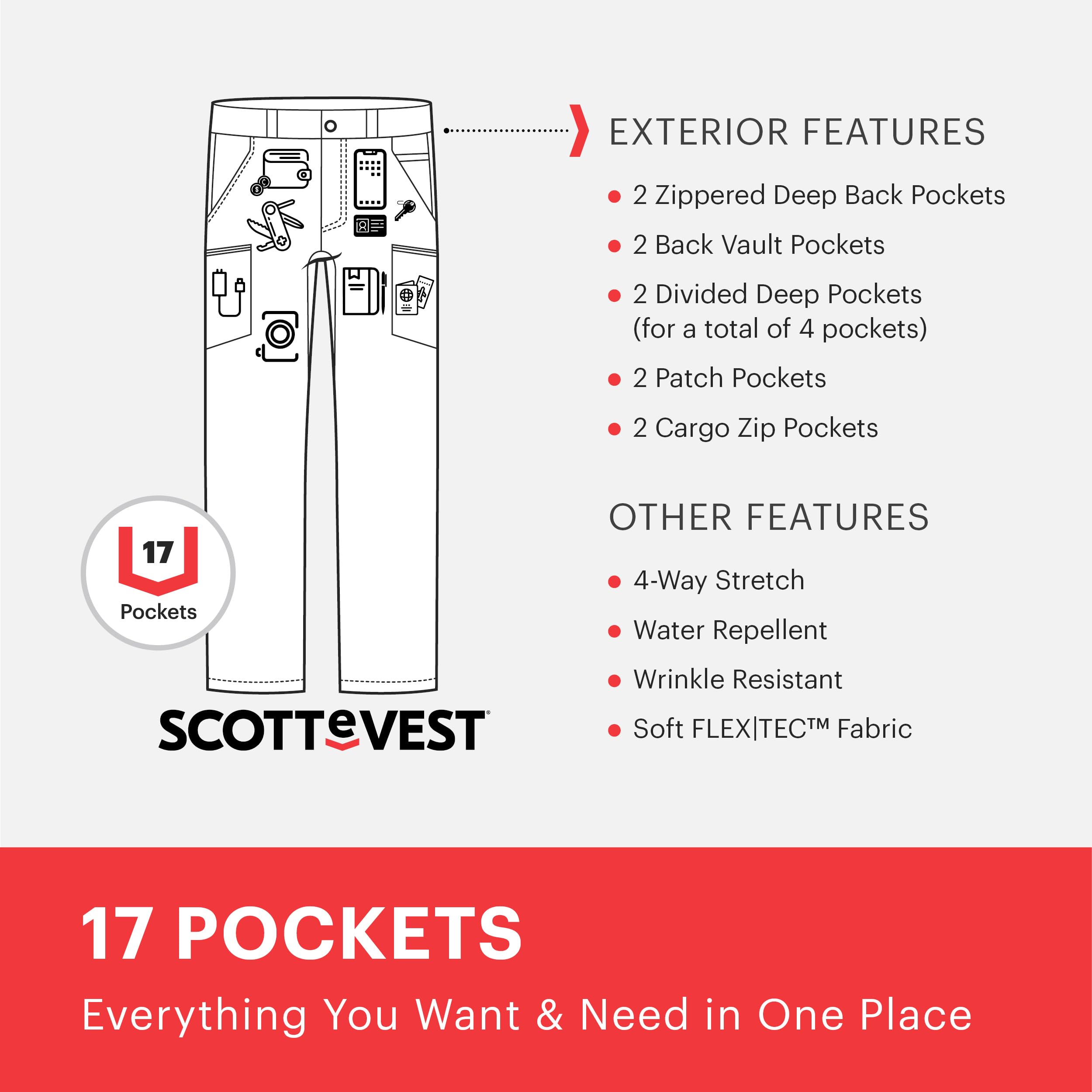 SCOTTeVEST Men's Adventure Travel Pants with 17 Hidden Pockets - Water Repellent Hiking & Outdoor Pants for Camping, Fishing & Travel - Lightweight Quick-Dry Tactical Pants for Men