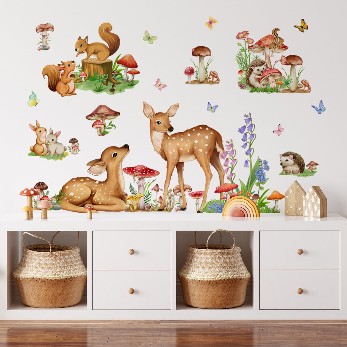 Runtoo Woodland Animal Wall Decals - Mushroom, Deer & Squirrel Stickers for Kids Room, Classroom, Nursery Decor | Peel & Stick Removable Wall Art for Baby's Room, Playroom & Home Decoration