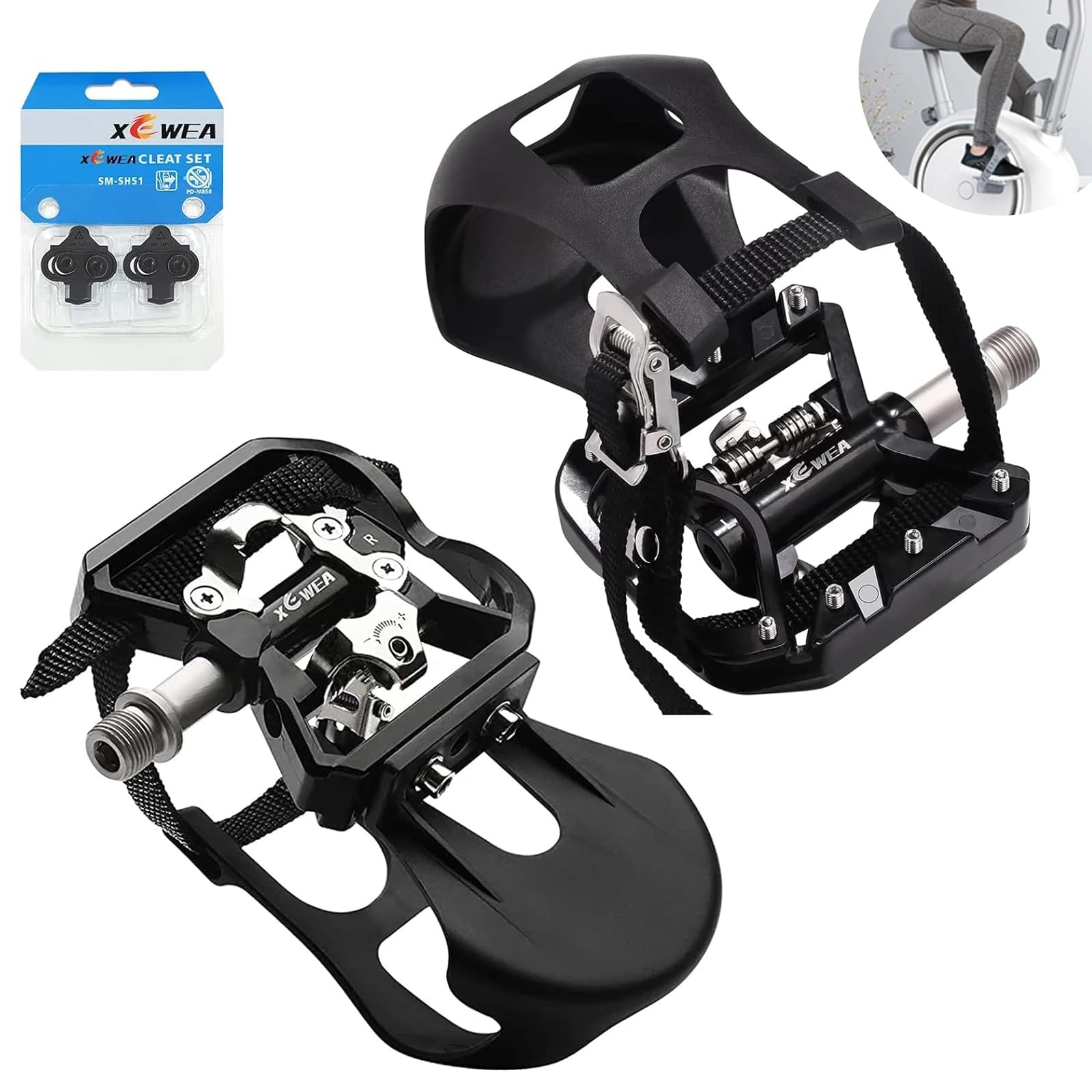 XEWEA SPD Compatible Spin Bike Pedals with Toe Clip Straps - 9/16